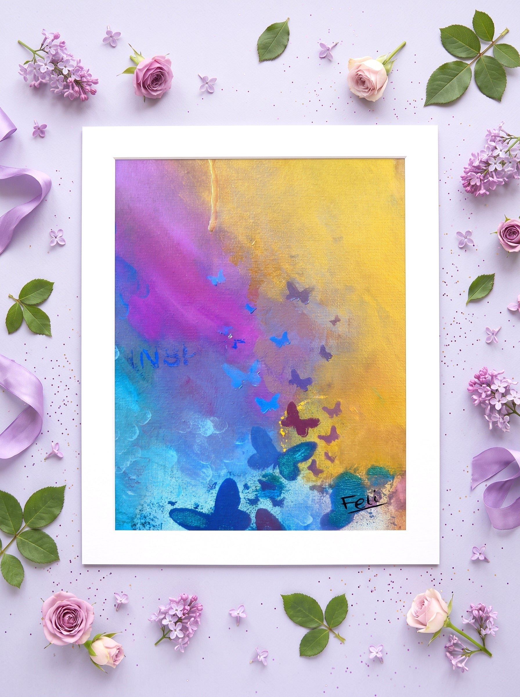 Letting go by Feli the Artist, Abstract colorful framed art print featuring a gradient of yellow, purple, blue, and teal with scattered butterfly silhouettes hanging on white wall.