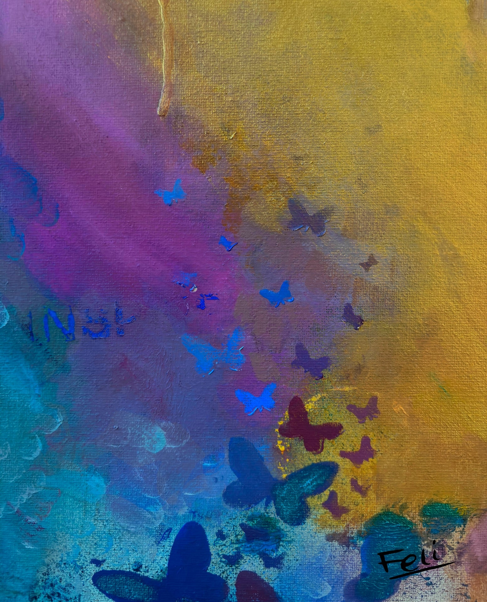 Letting go by Feli the Artist, Abstract colorful art print featuring a gradient of yellow, purple, blue, and teal with scattered butterfly silhouettes.