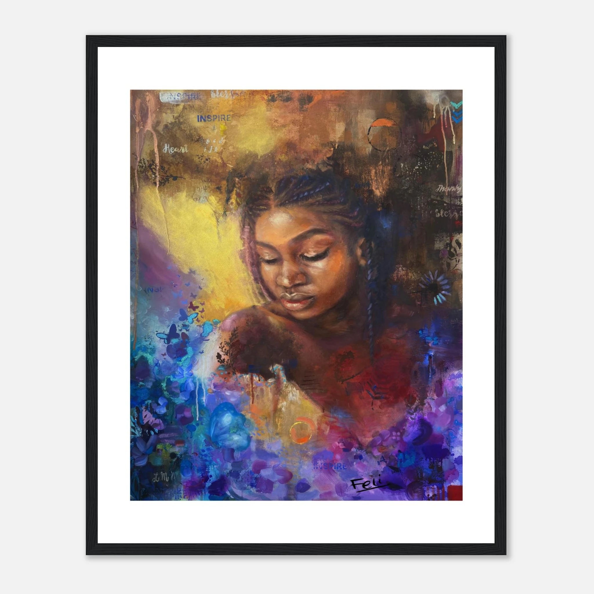 As she blooms by feli the artist is a framed colorful art print of a woman with a yellow gold and purple background displayed in a black picture frame hang on a white wall.