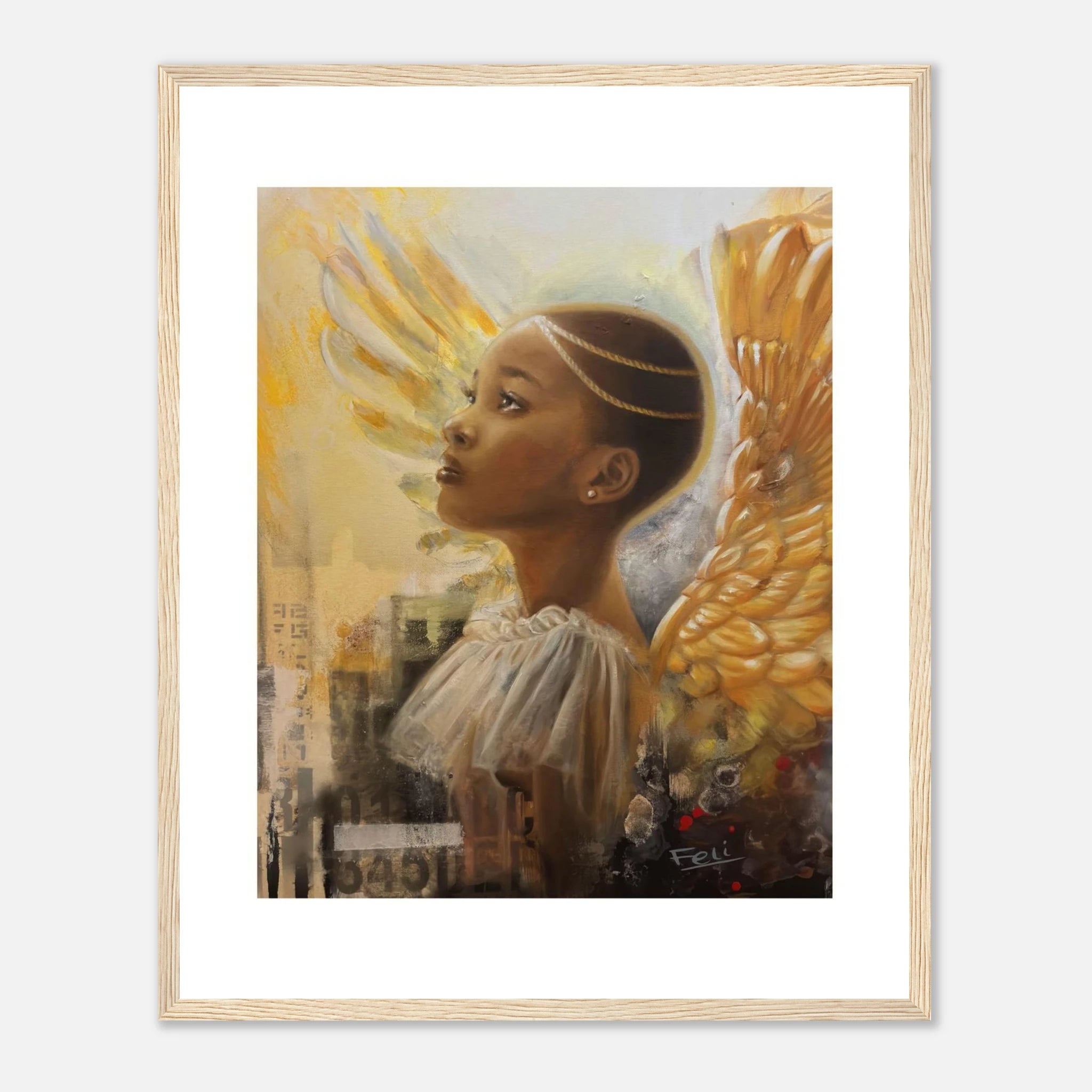 An art print entitled rays of hope by feli the artist featuring a stylized portrait of a black african girl with large golden angel wings, displayed in a natural wood frame on a white surface with scattered dried flowers and gold glitter accents.