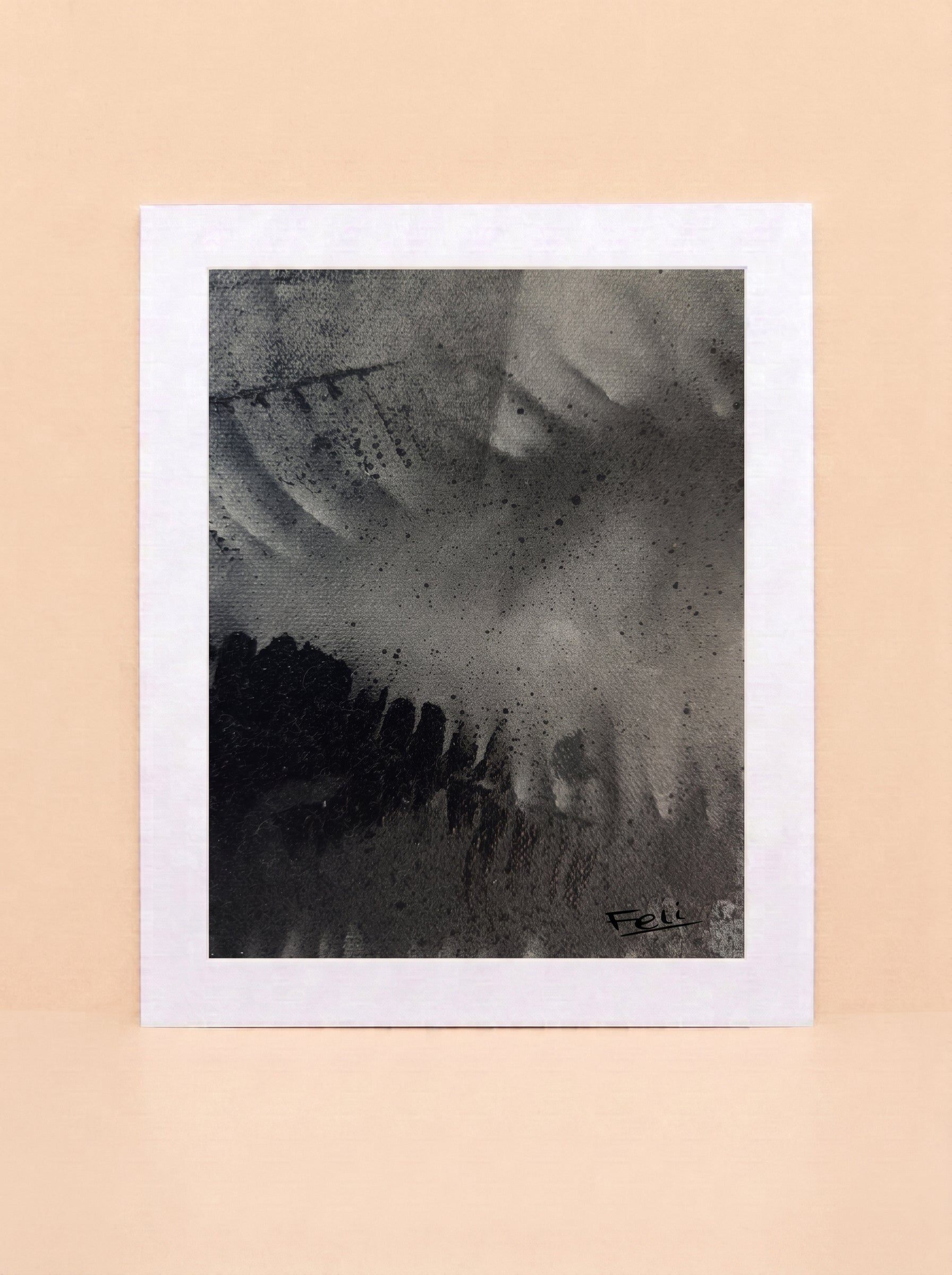Shadows of the past by feli the artist is A square art print with a wide white border featuring an abstract black and gray textured composition, displayed against a solid pale peach background.