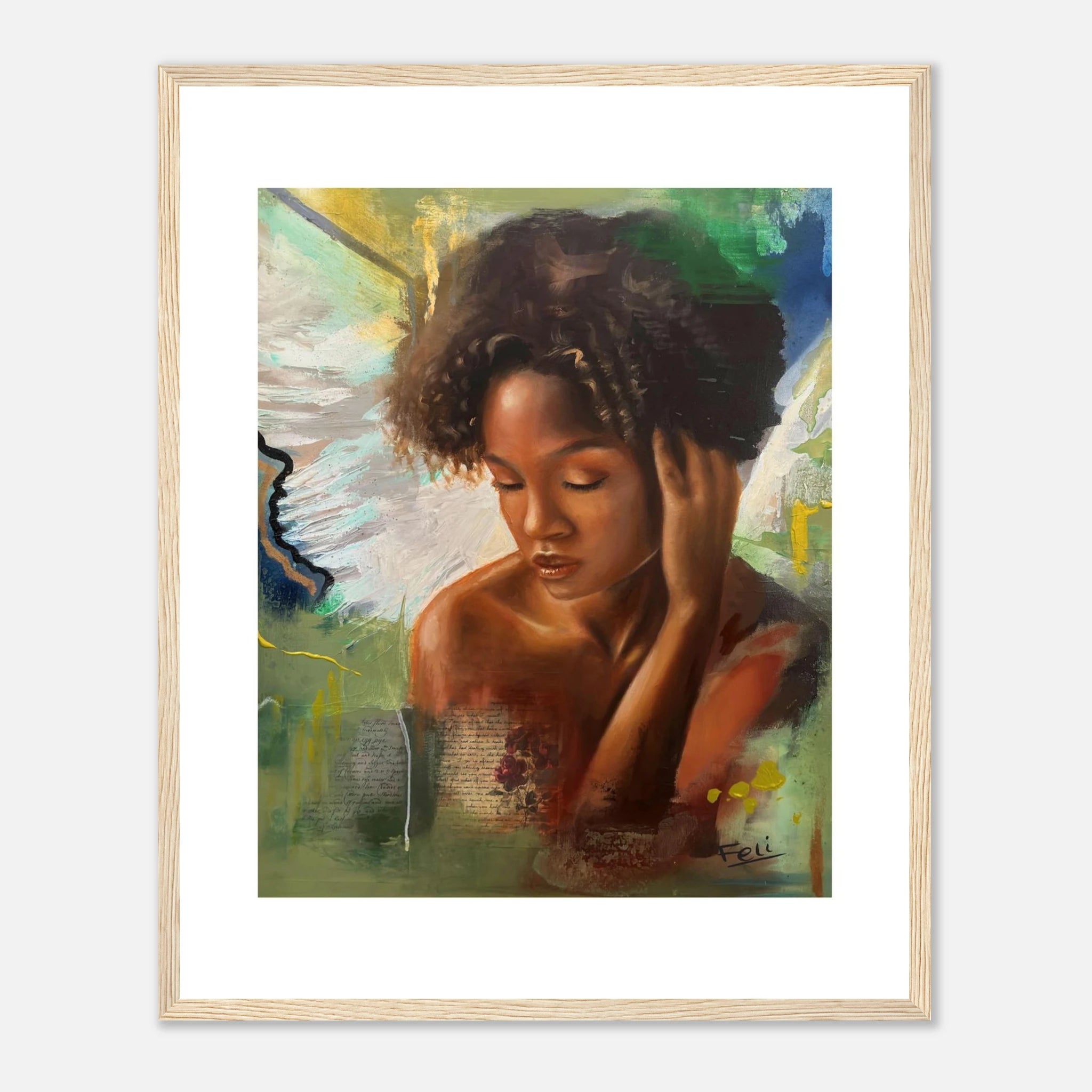My peace by feli the artist is A framed abstract realism art print of a Black mixed woman with curly hair closed eyes, displayed with a white border and natural wood picture frame on a white wall.