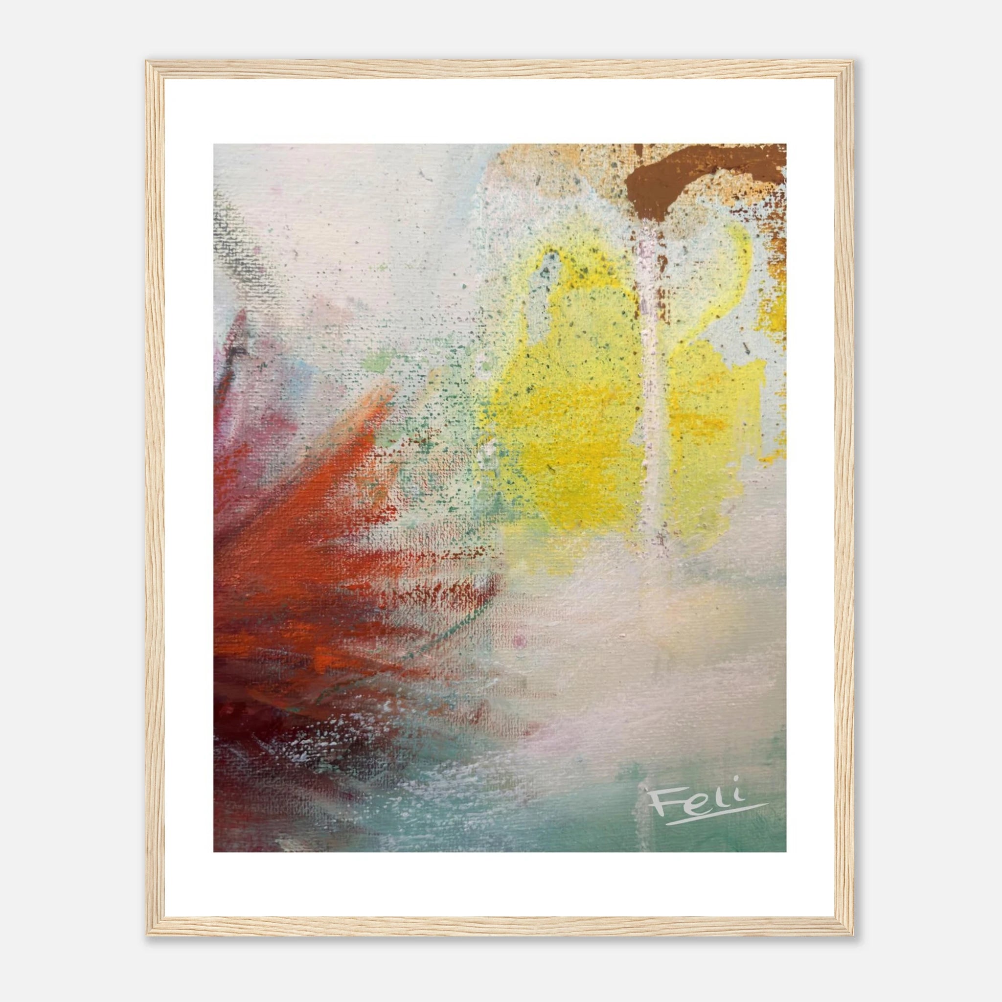 Touching the sky by feli the artist is An abstract art print featuring a textured composition of yellow, red, brown, and teal paint strokes on a white background displayed in a natural wood picture frame hang on a white wall.