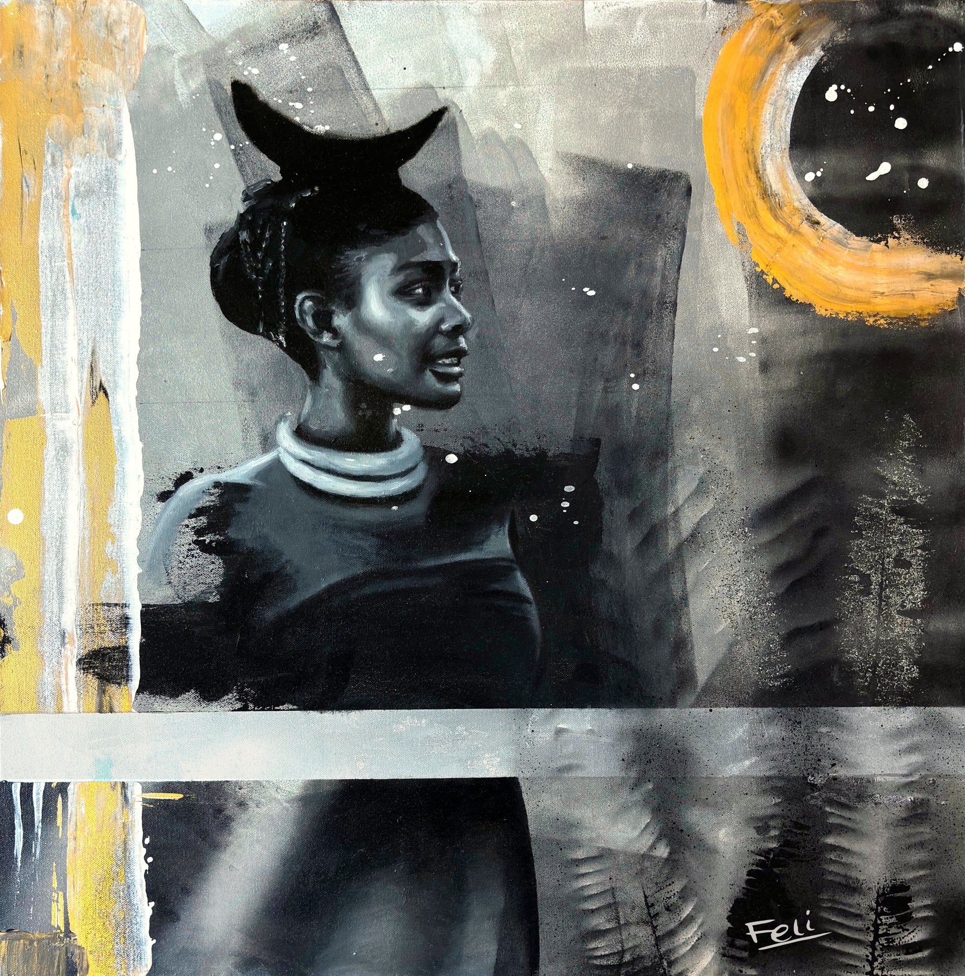 My Footsteps by Feli the artist an Abstract realism portrait art print of an african indian woman rendered in grayscale with bold yellow gold brushstrokes and textured splatter details.
