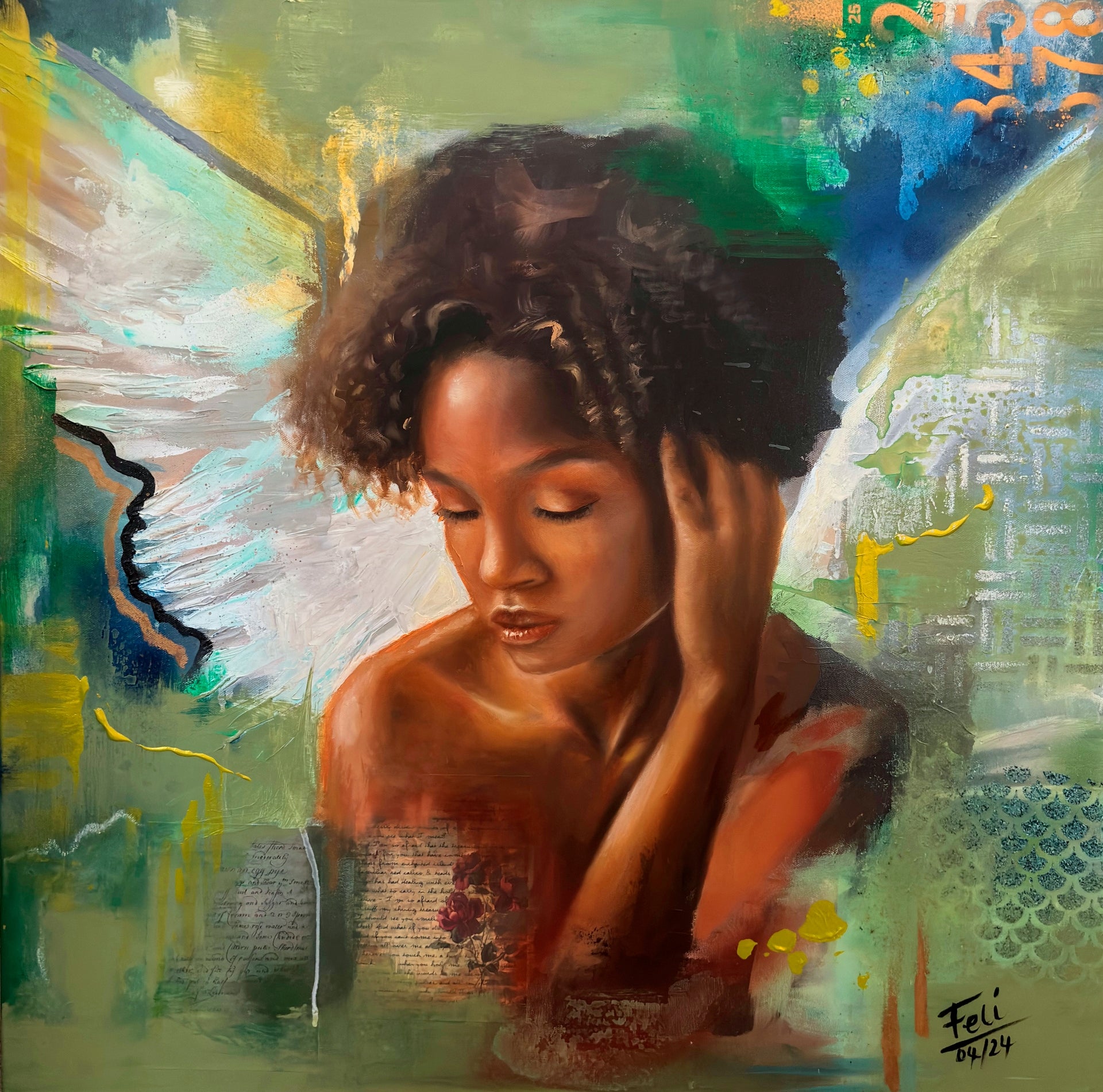 My peace by feli the artist An expressive abstract realism art print of a Black mixed race woman angel wings with closed eyes, rendered in warm brown and orange tones against a textured green, blue, and yellow background with abstract brushstrokes.


