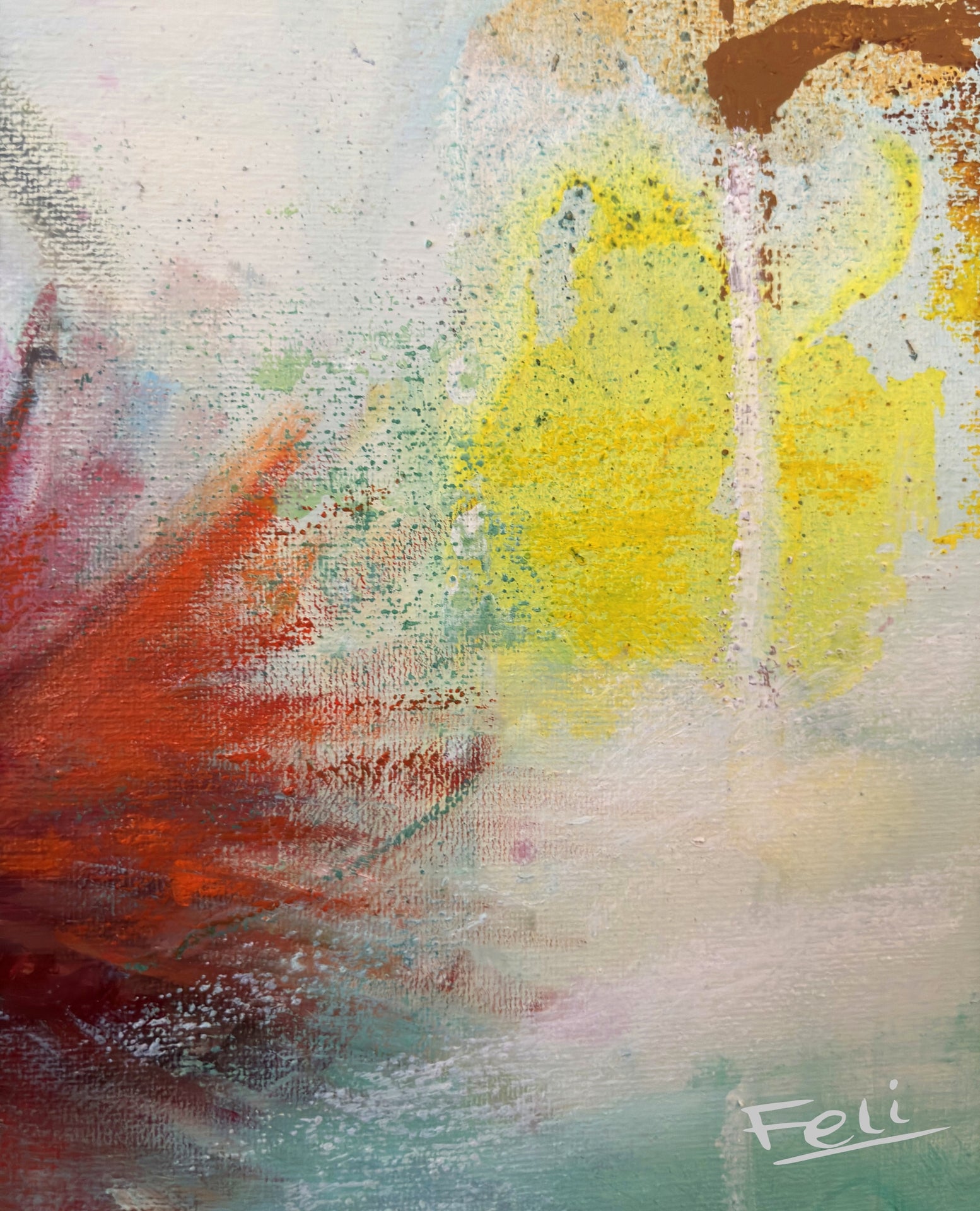 A touch of the sky by Feli the Artist Abstract art print with expressive brushstrokes in yellow, red-orange, teal, white, and brown.