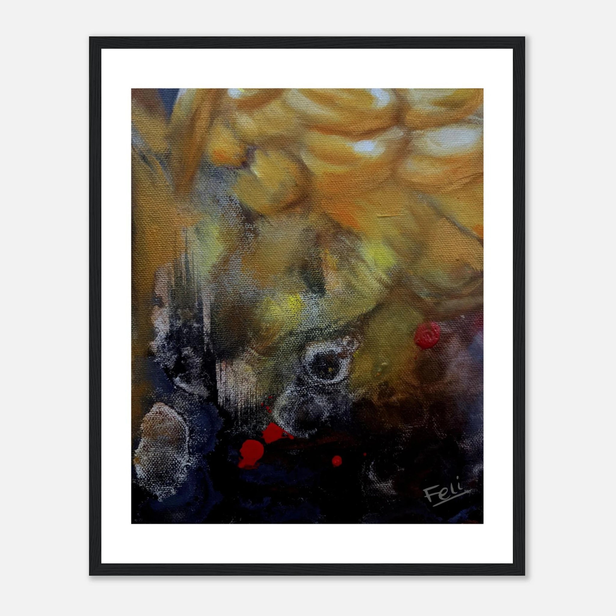 An abstract art print entitled my wings by feli the artist featuring a composition of yellow, gold, black, and red brushstrokes, presented in a black picture frame with a white border on a light gray background.