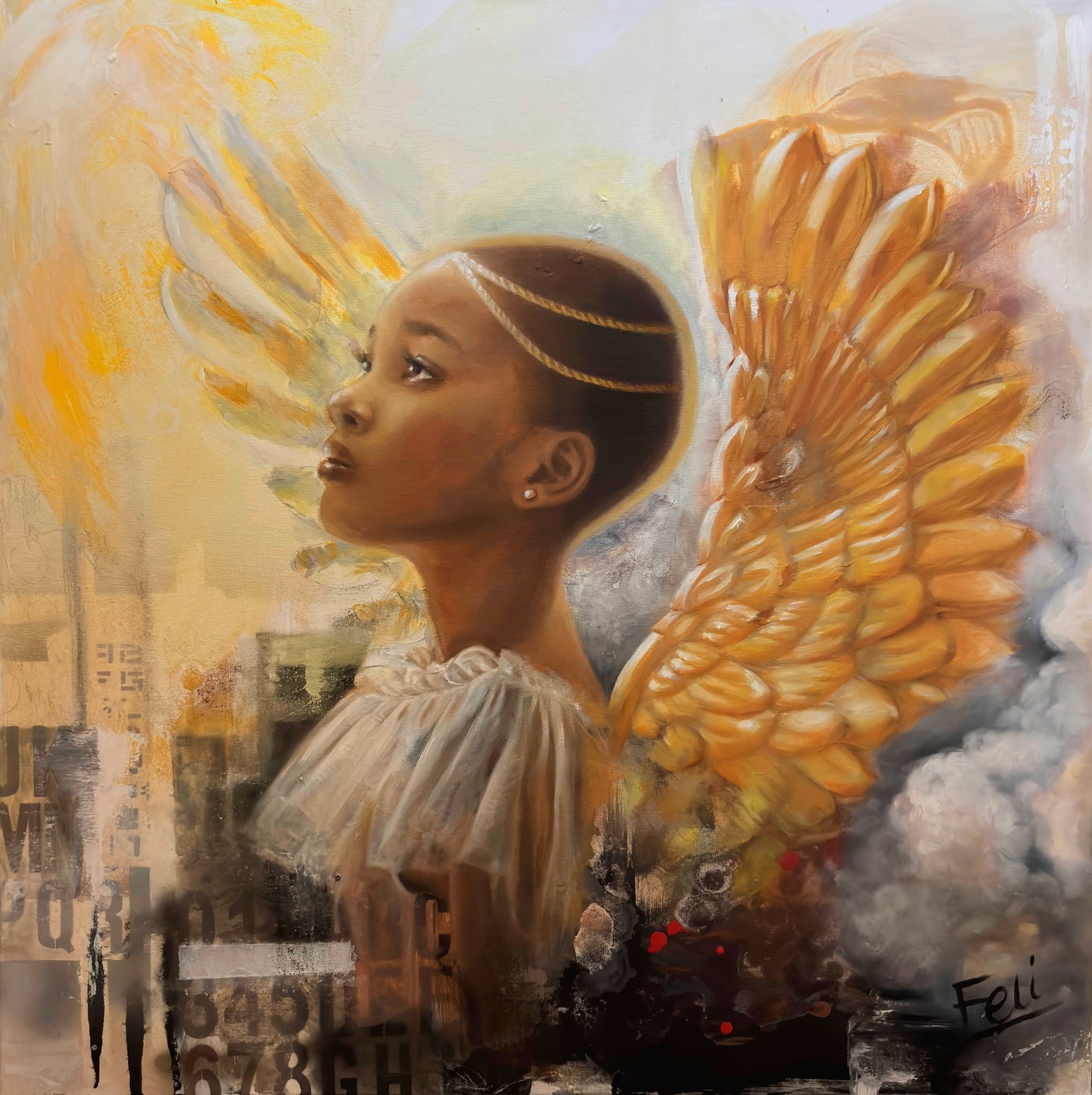 Rays of Hope by feli the artist An art print of a young black african child with large golden angel wings, against a soft cream and gray background with collage-like city elements and smoke.

