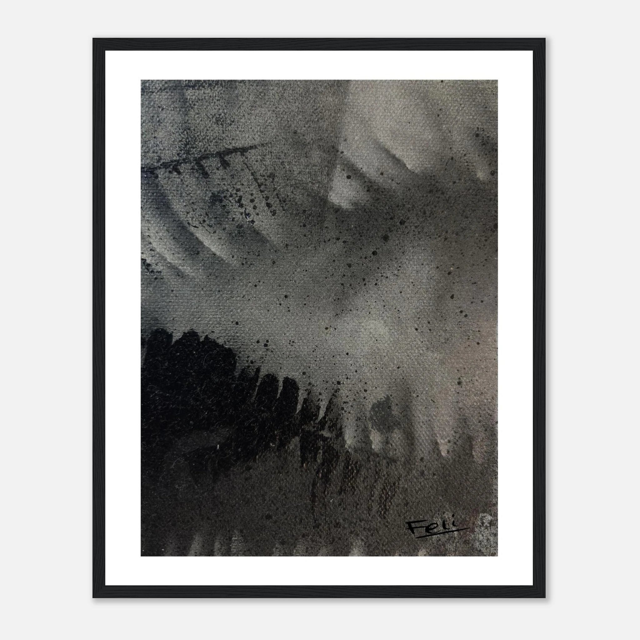 Shadows of the past by feli the artist is A square art print with a wide white border featuring an abstract black and gray textured composition, displayed in a black picture frame against a light grey wall.