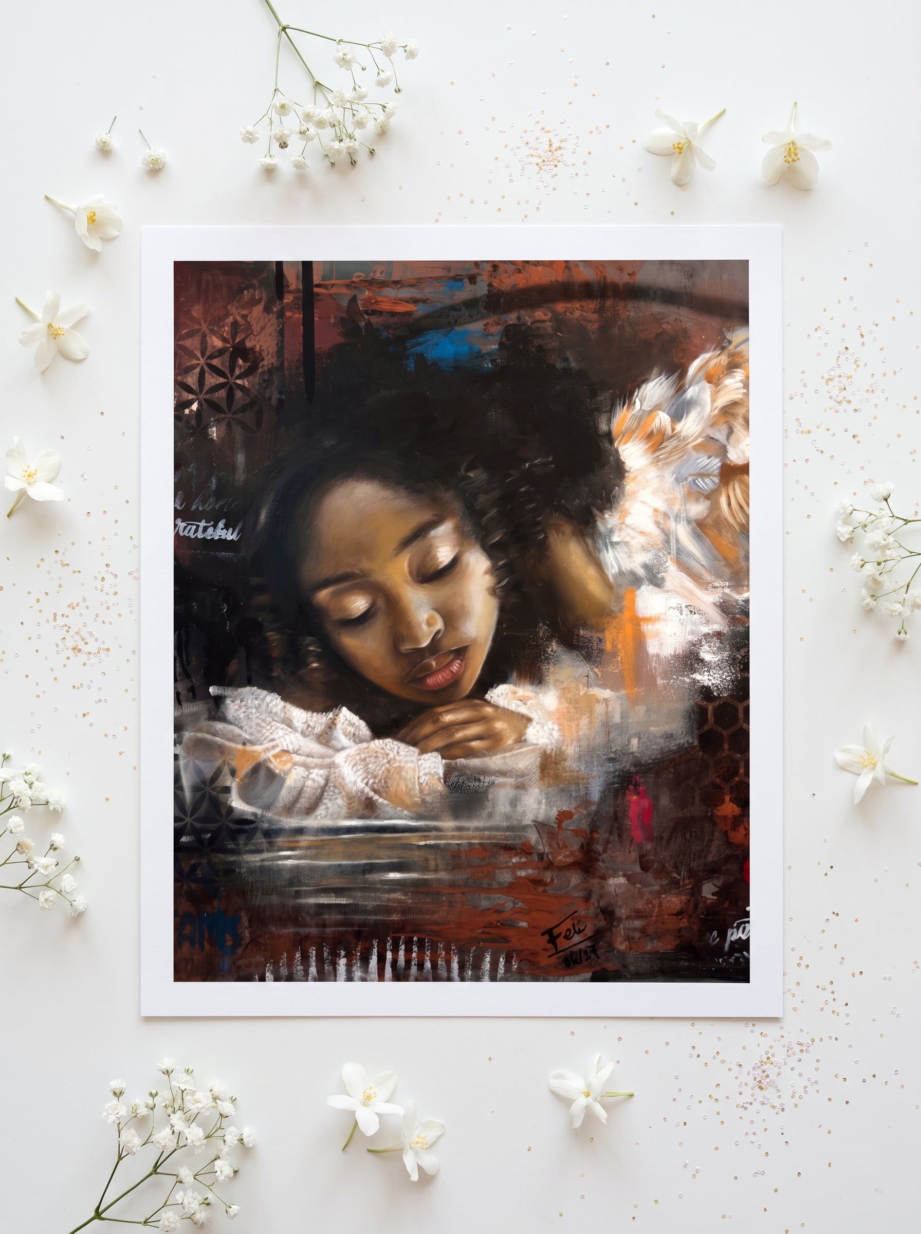 An art print entitled reflections by feli the artist featuring a dark, expressive portrait of a woman girl black african angel with closed eyes, surrounded by delicate white flowers on a light background. The print has a wide white border.

