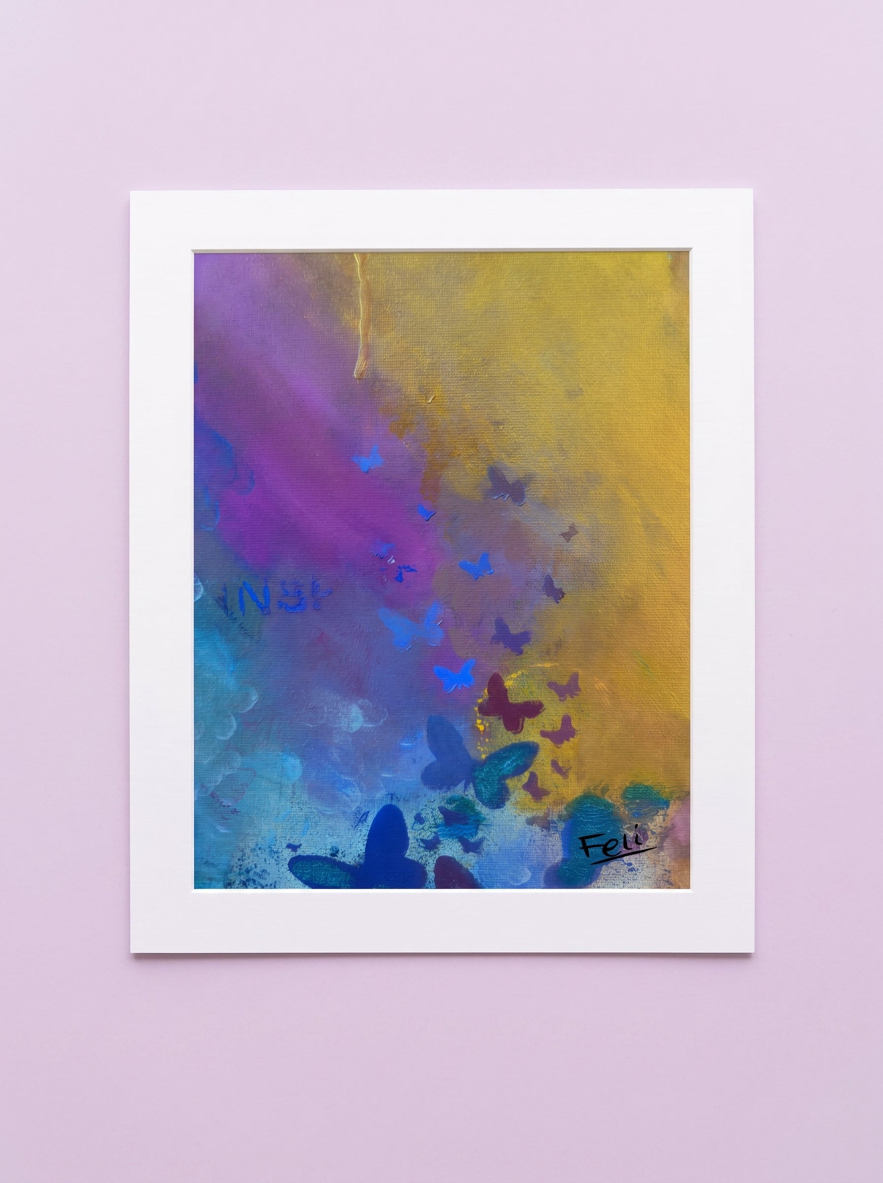Letting go by feli the artist is An unframed abstract art print featuring a vibrant blend of purple, blue, and yellow with butterfly silhouettes, displayed against a solid light purple background.