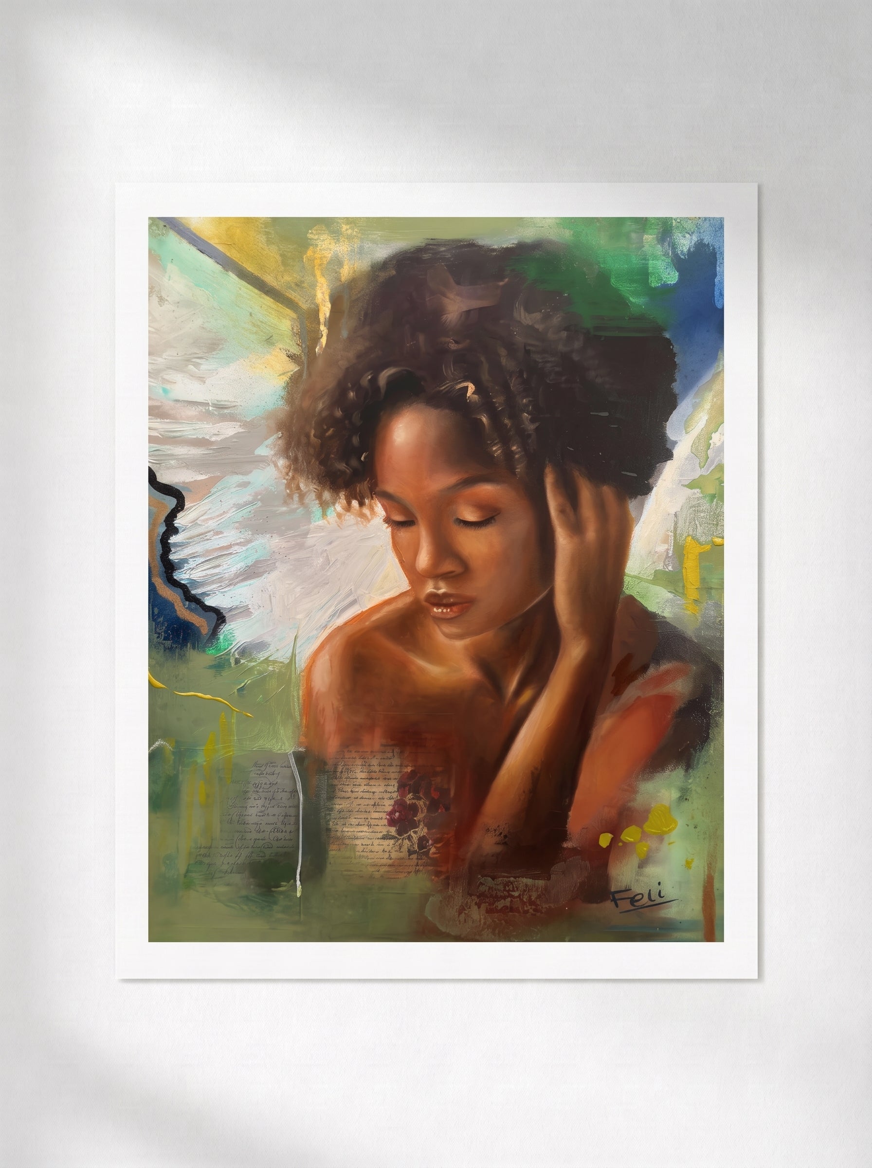 My peace by feli the artist is An abstract realism art print of a Black mixed woman with curly hair closed eyes, displayed with a white border on a light gray wall.
