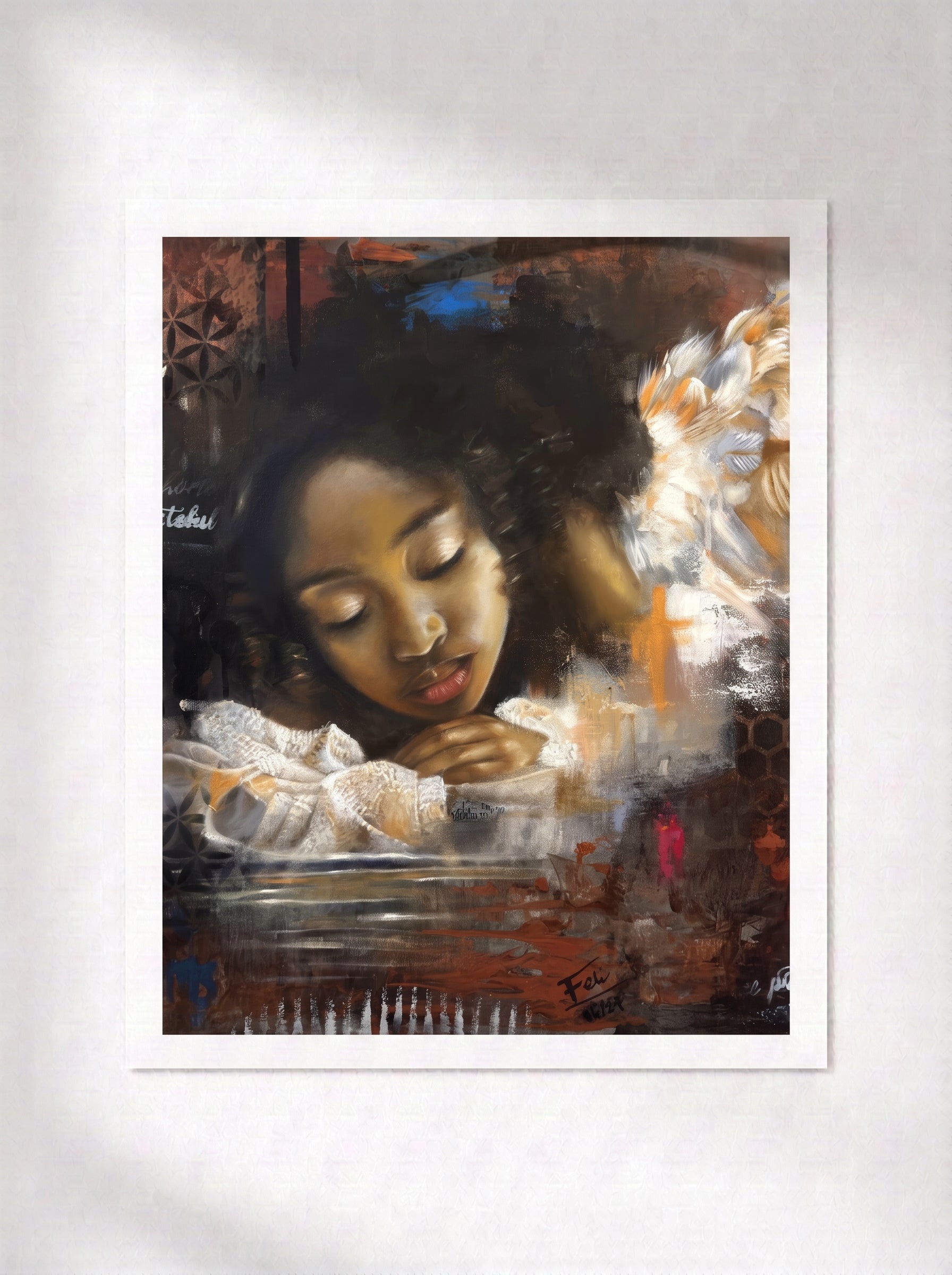 An art print entitled reflections by feli the artist featuring an expressive, painterly portrait of a young black african angel girl with closed eyes, rendered in dark brown, black, white, and warm orange tones, displayed against a light gray wall.