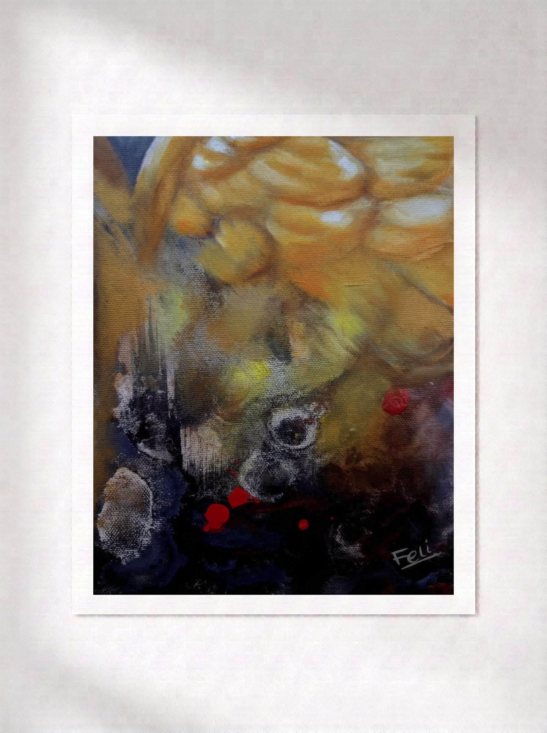 An abstract art print entitled my wings featuring a composition of yellow, gold, black, and red brushstrokes, presented with a white border on a light gray background.