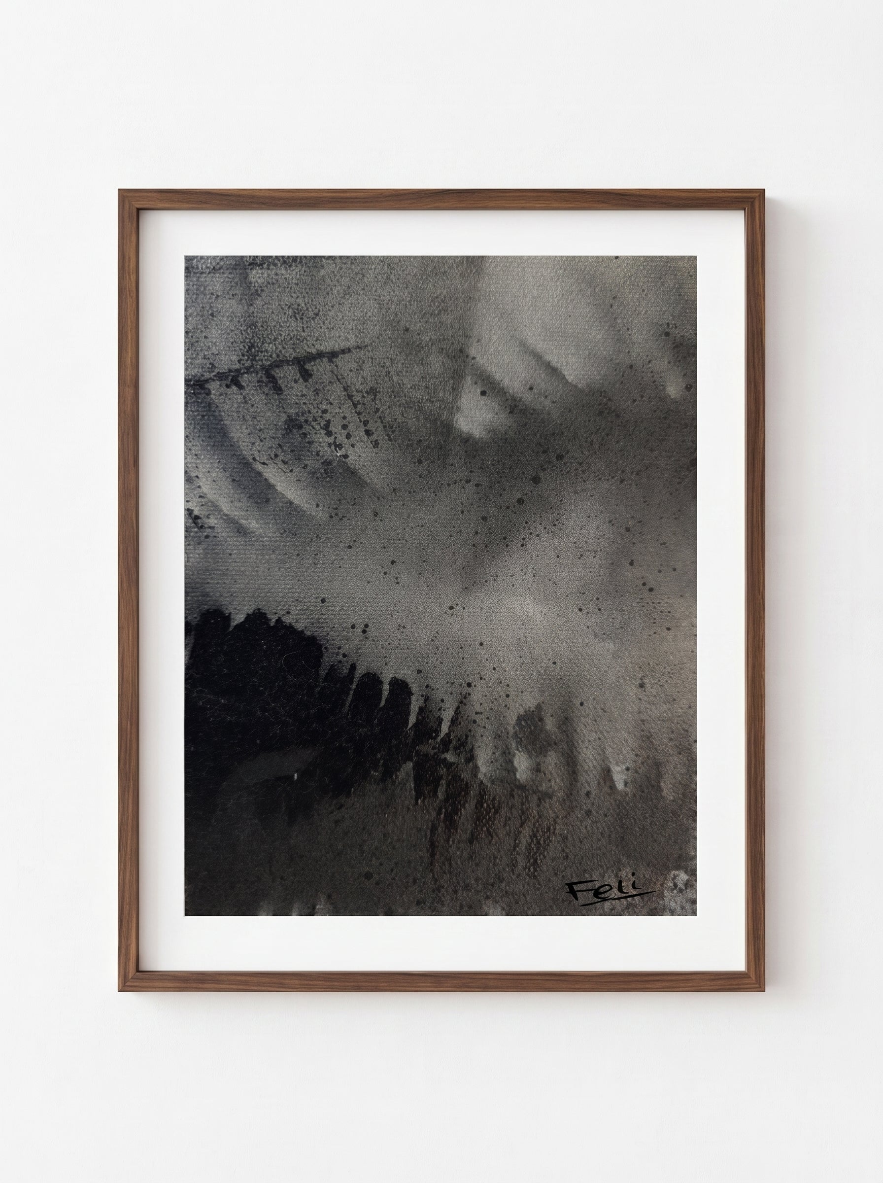 Shadows of the past by feli the artist is A square art print with a wide white border featuring an abstract black and gray textured composition, displayed in a dark wood picture frame against a light grey wall.