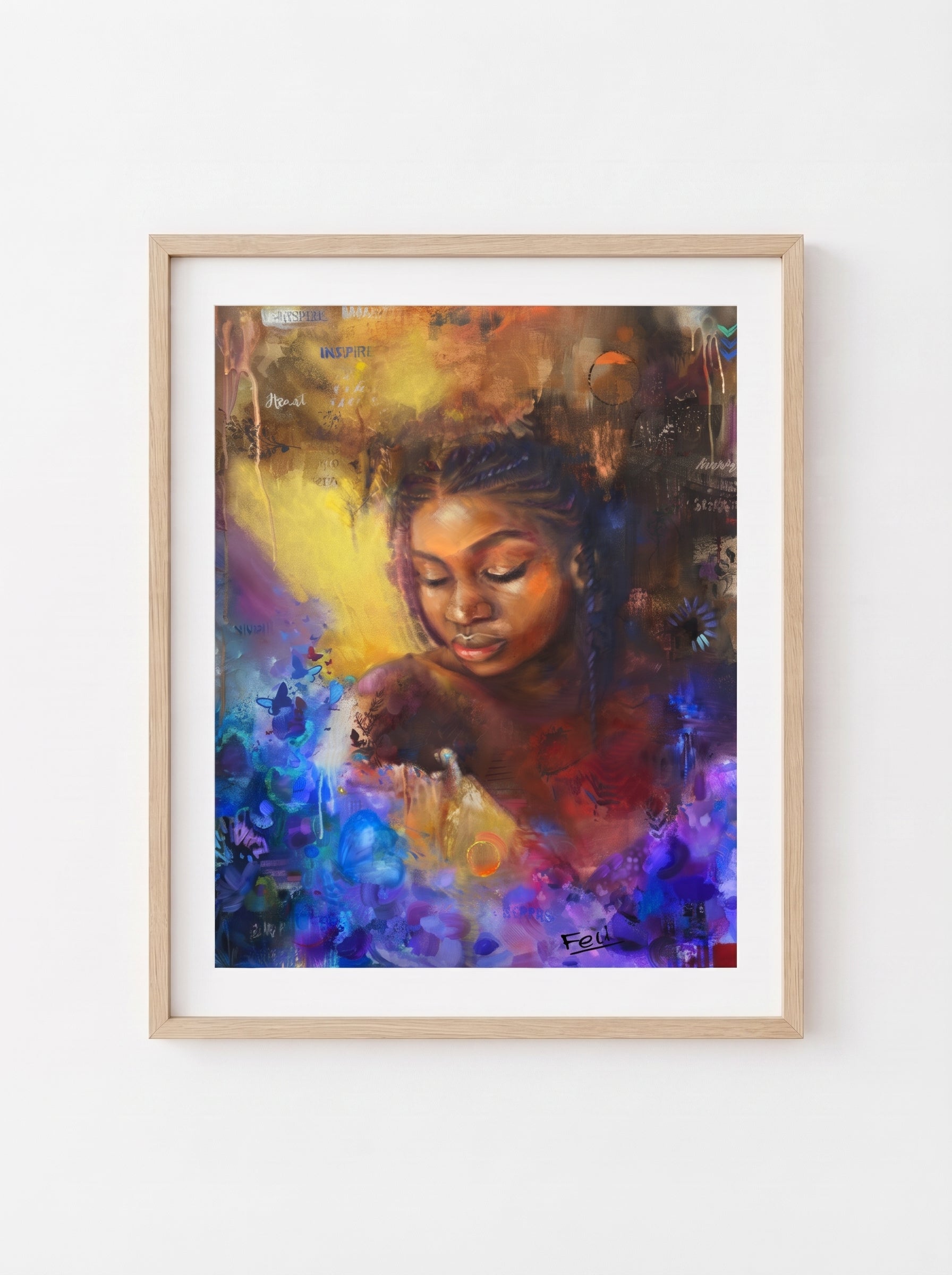 As she blooms by feli the artist is a framed colorful art print of a woman with a yellow gold and purple background displayed in a natural wood picture frame hang on a light grey wall.