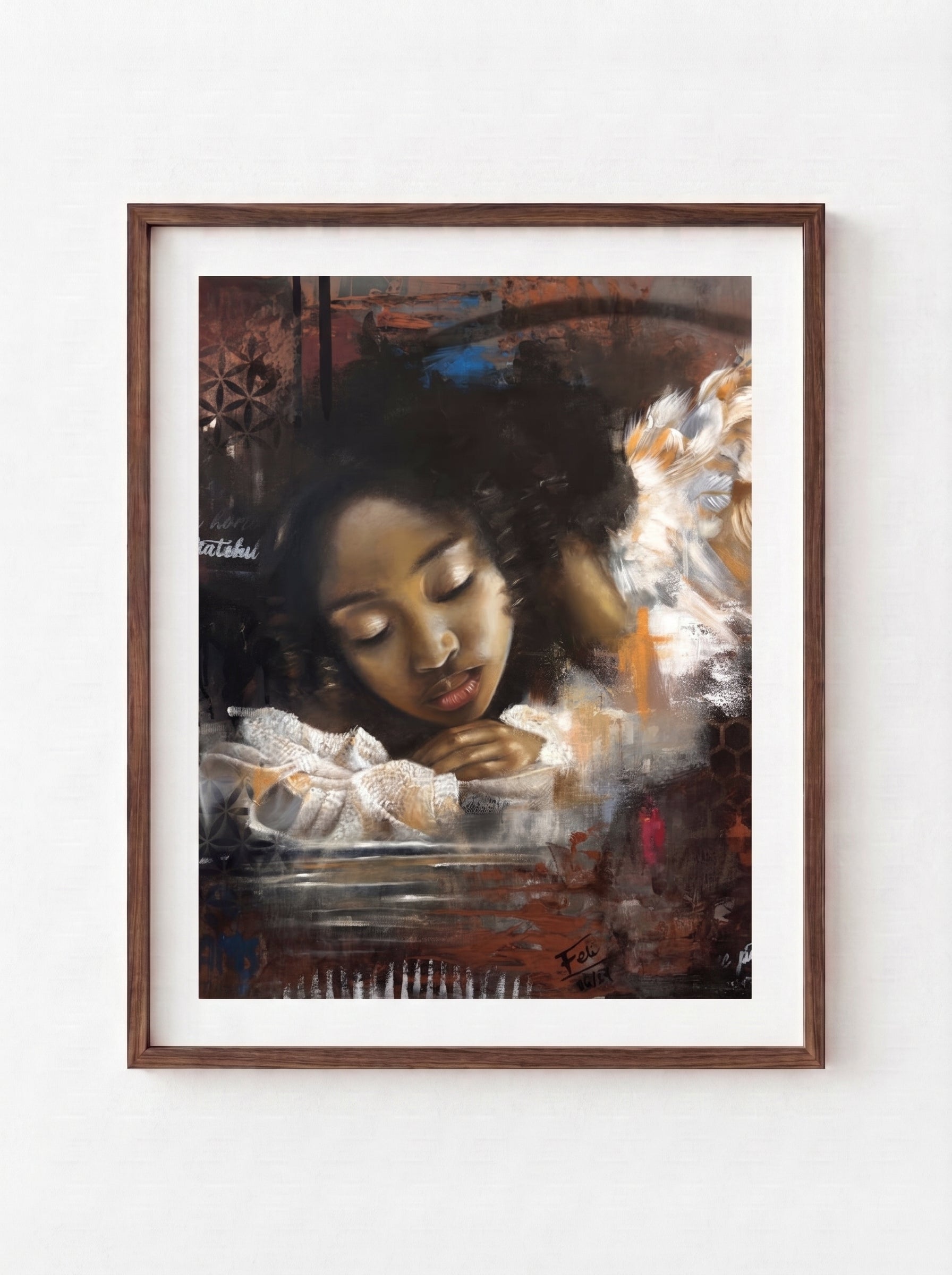 A framed art print entitled reflections by feli the artist featuring a dark, painterly portrait of a woman girl black african angel with closed eyes, surrounded by white wings and warm brown, black, and orange tones. The print is mounted with a white mat and enclosed in a dark brown wooden frame, hanging on a plain white wall.
