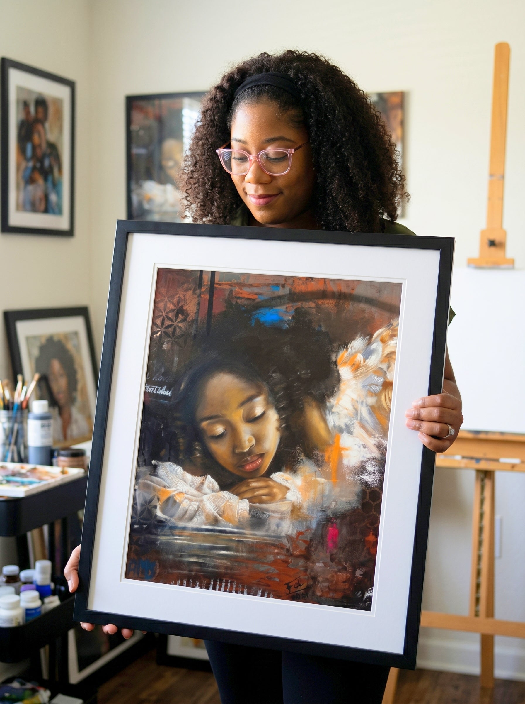 A black african girl woman with curly hair and glasses holds up a large framed portrait painting of a young girl. The painting features a black frame with a wide white mat, and the artwork itself has a black african angel toned dark brown, black, and orange tones with white highlights.
