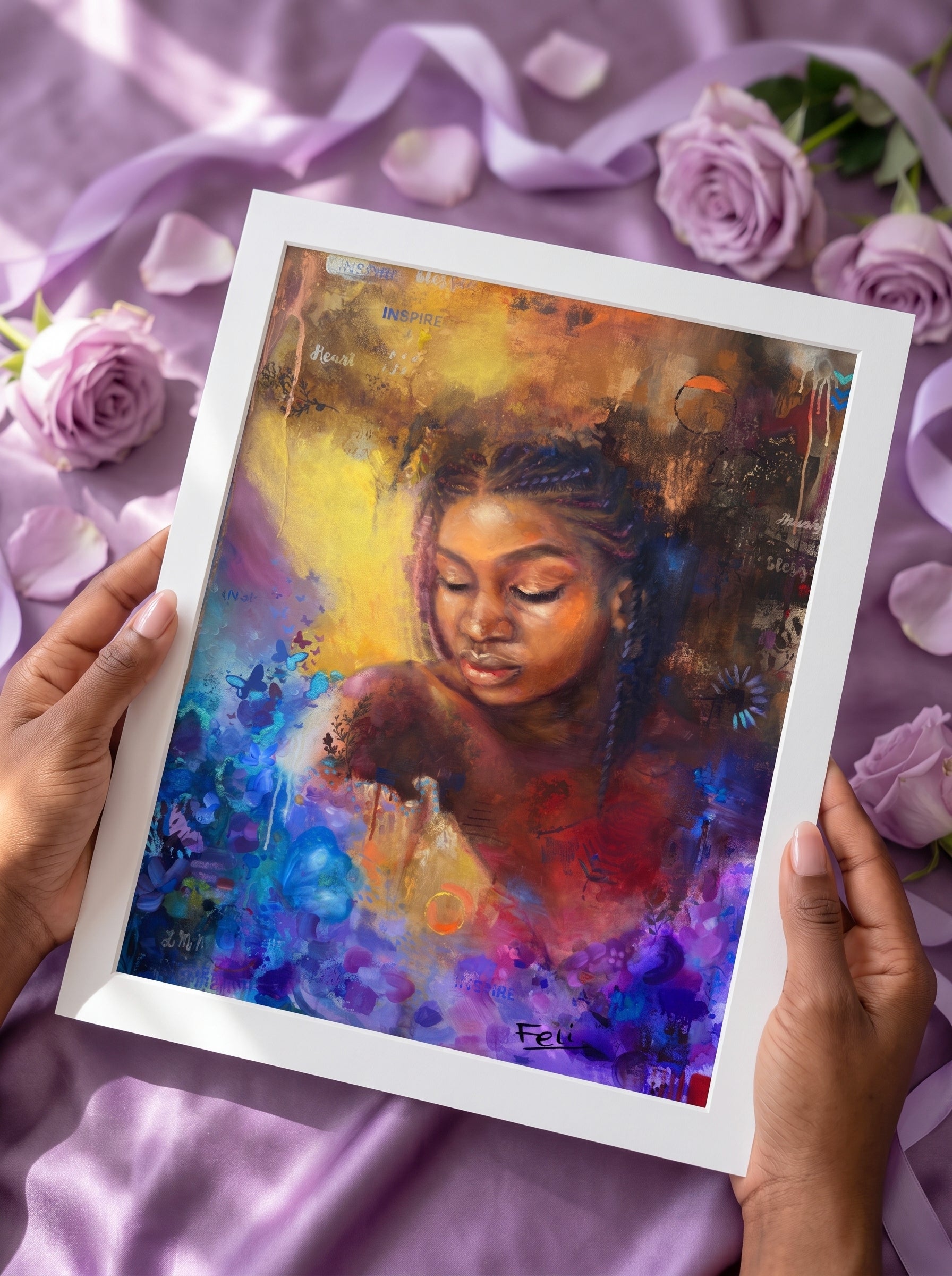 As she blooms by feli the artist is an unframed colorful art print of a woman with a yellow gold and purple background, held by two hands over a purple satin fabric backdrop decorated with roses.