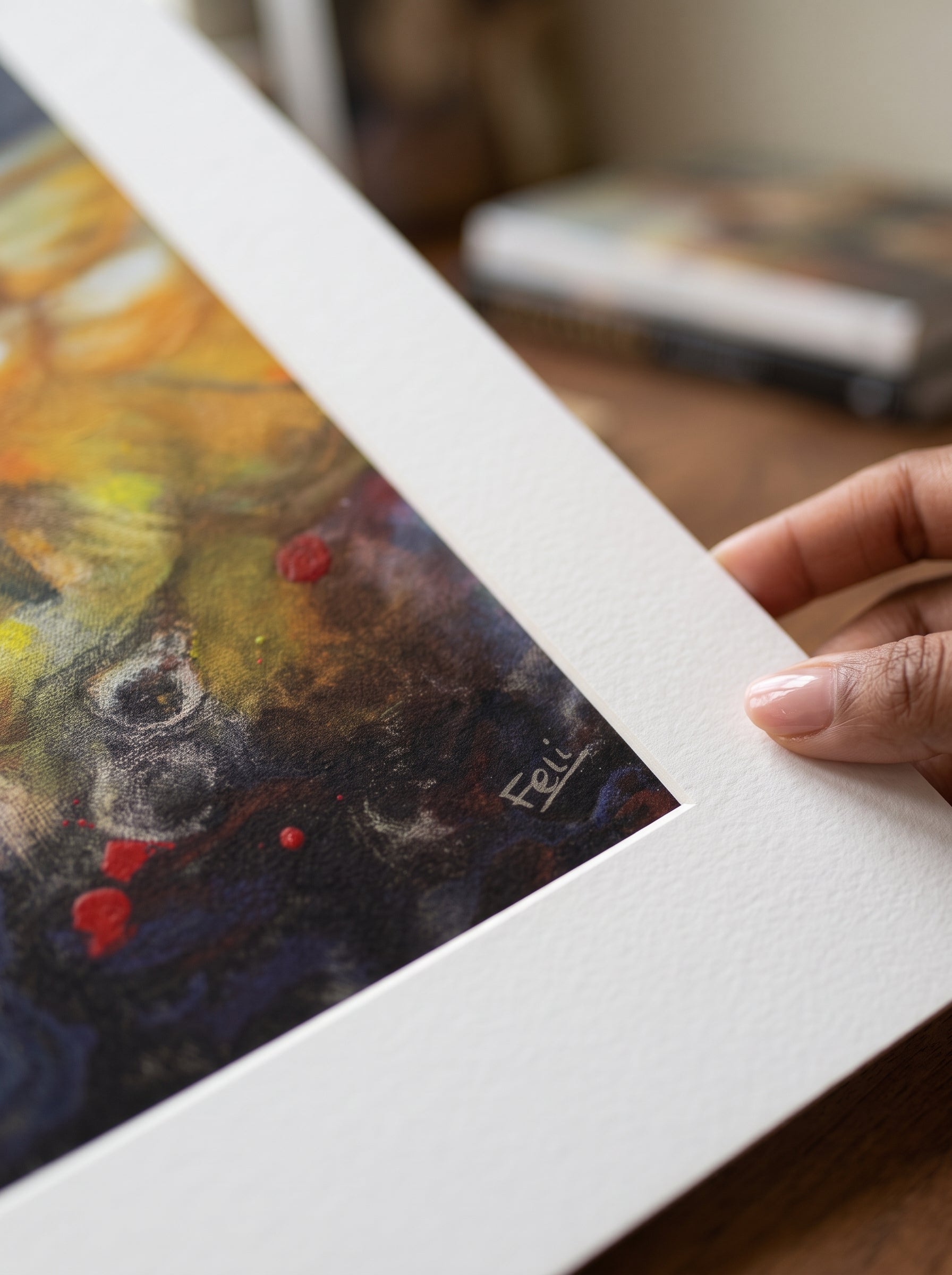 A close-up of a hand holding a matted art print, entitled my wings by feli the artist showing a colorful abstract painting with yellow, red, black, and blue tones on textured paper.