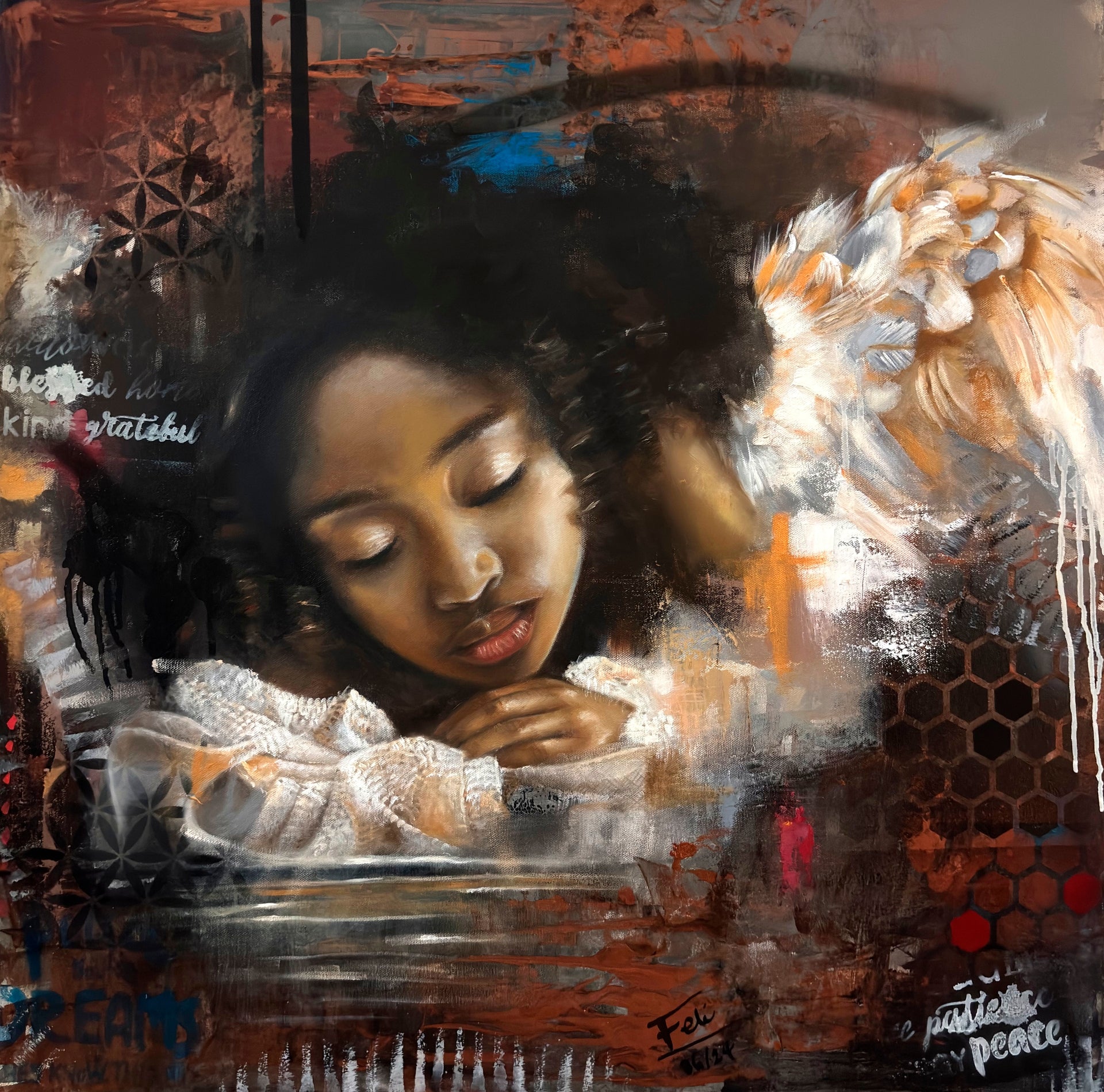 Reflections by feli the artist An expressive abstract realism art print of a young black african child with closed eyes resting on a water surface, with a large angelic figure and white wings beside them. The artwork uses dark brown, black, white, orange, and red tones with layered brushstrokes and text elements.

