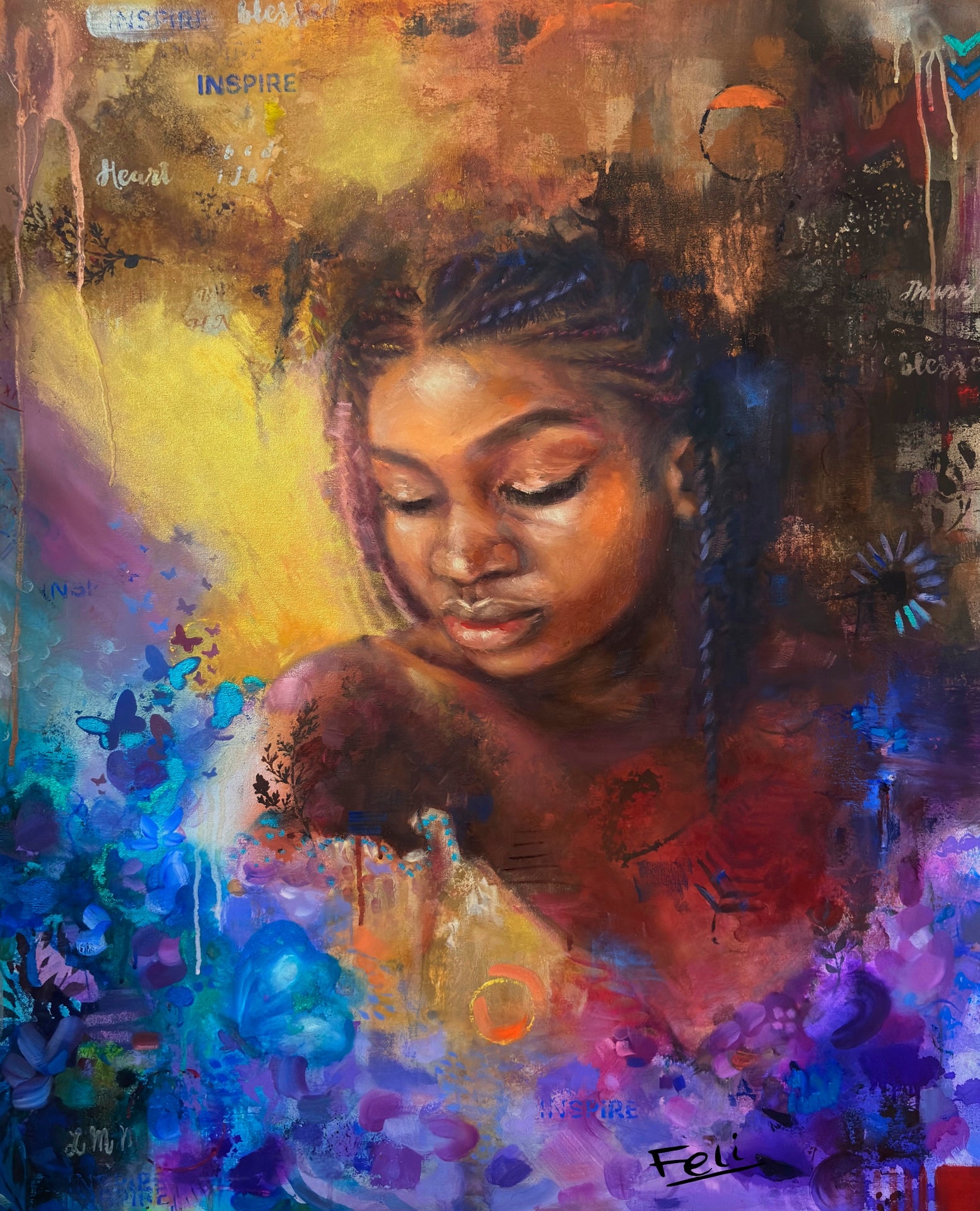 As She Blooms by Feli the Artist, framed floral abstract realism art print of a young Black African woman with braided hair, featuring expressive brushstrokes, floral elements, and warm brown, gold, red, and blue tones.