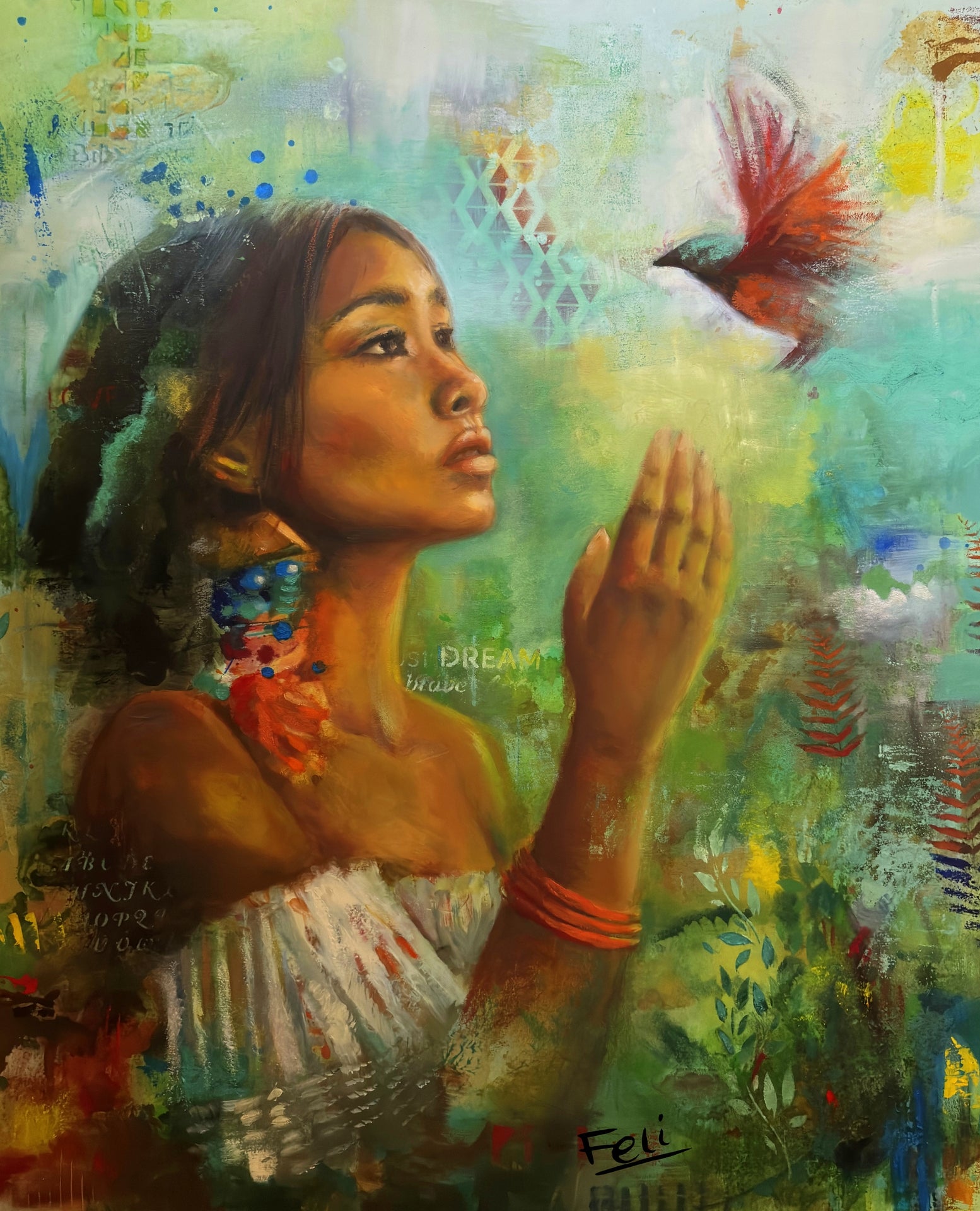 If I had wings by Feli the artist An expressive art print of a mixed race asian native woman with her hands raised toward a small red bird in flight, rendered in rich greens, blues, browns, and warm skin tones with textured brushstrokes.