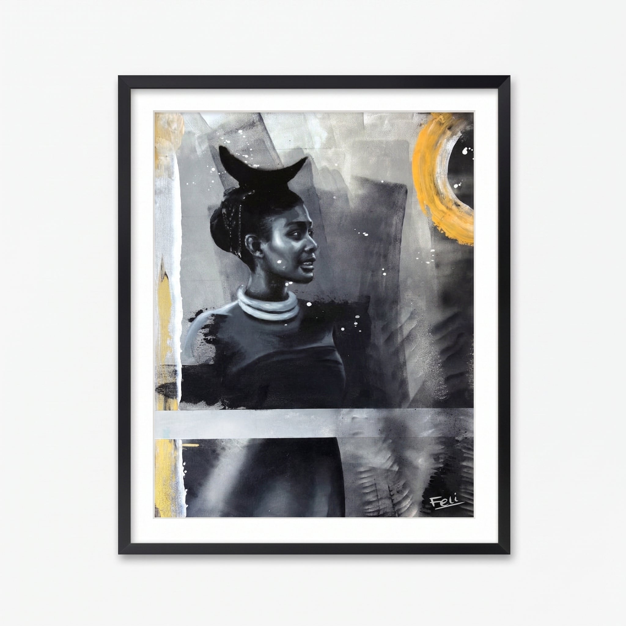 My footprints by feli the artist is A framed art print featuring an abstract portrait of a woman in black, gray, and white with a bold yellow circular accent, presented in a black frame with a white mat against a light gray background.