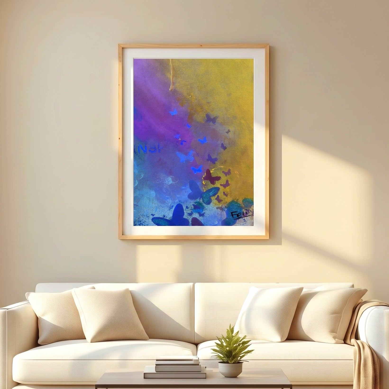 Letting go by feli the artist is A framed abstract art print wall art featuring vibrant purple, blue, and yellow watercolor-like splashes, butterflies silhouette displayed in a natural wood picture frame on a beige wall above a cream-colored sofa in a modern living room.