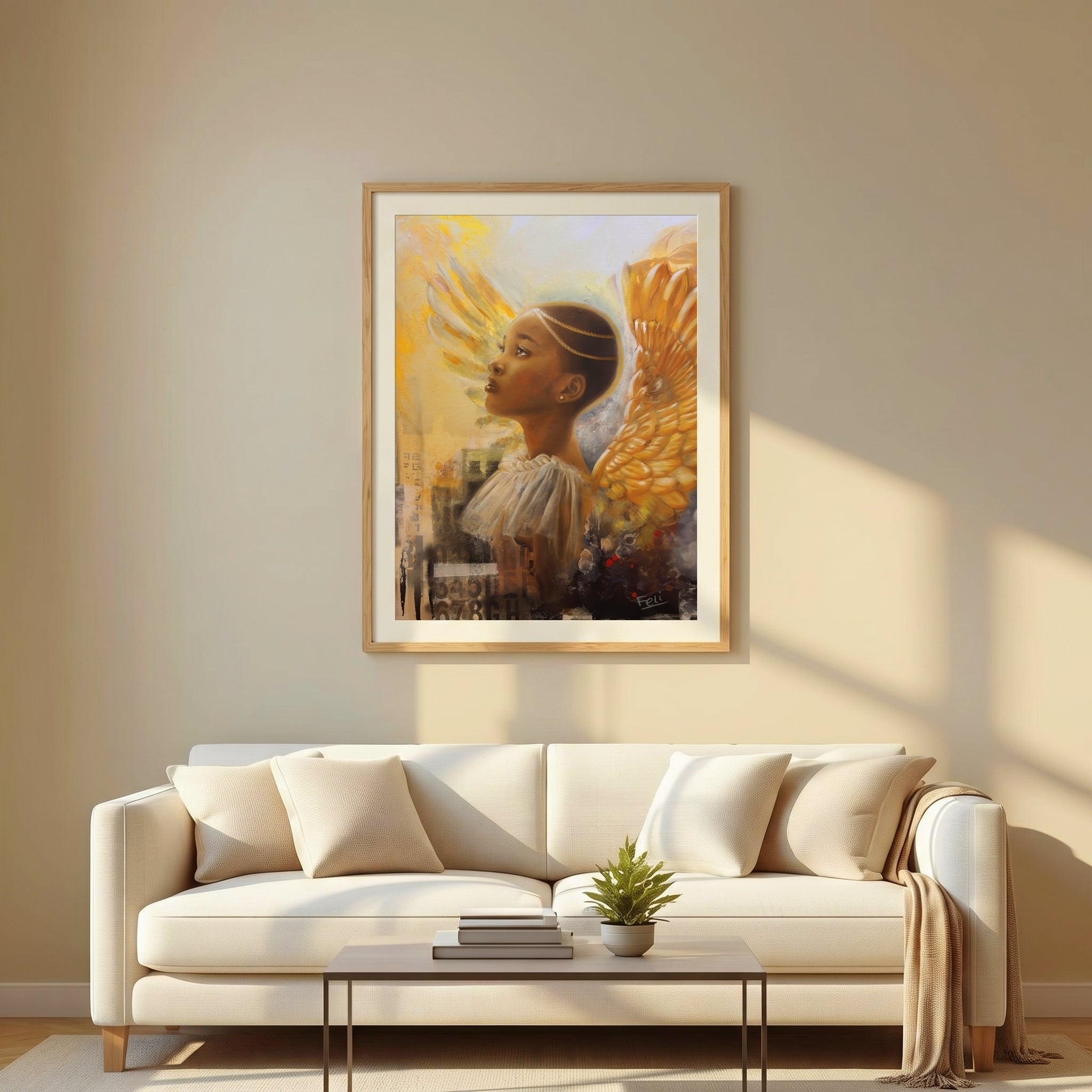 A framed art print entitled rays of hope by feli the artist depicting a black african girl woman with golden angel wings, displayed in a natural wood picture frame and styled on a beige wall above a cream-colored sofa in a modern living room setting.