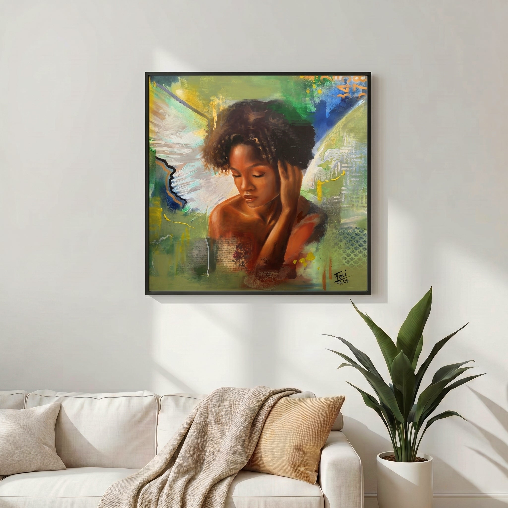 My peace by feli the artist An expressive abstract realism framed art print of a Black mixed race woman angel wings with closed eyes, rendered in warm brown and orange tones against a textured green, blue, and yellow background with abstract brushstrokes hang in livingroom.