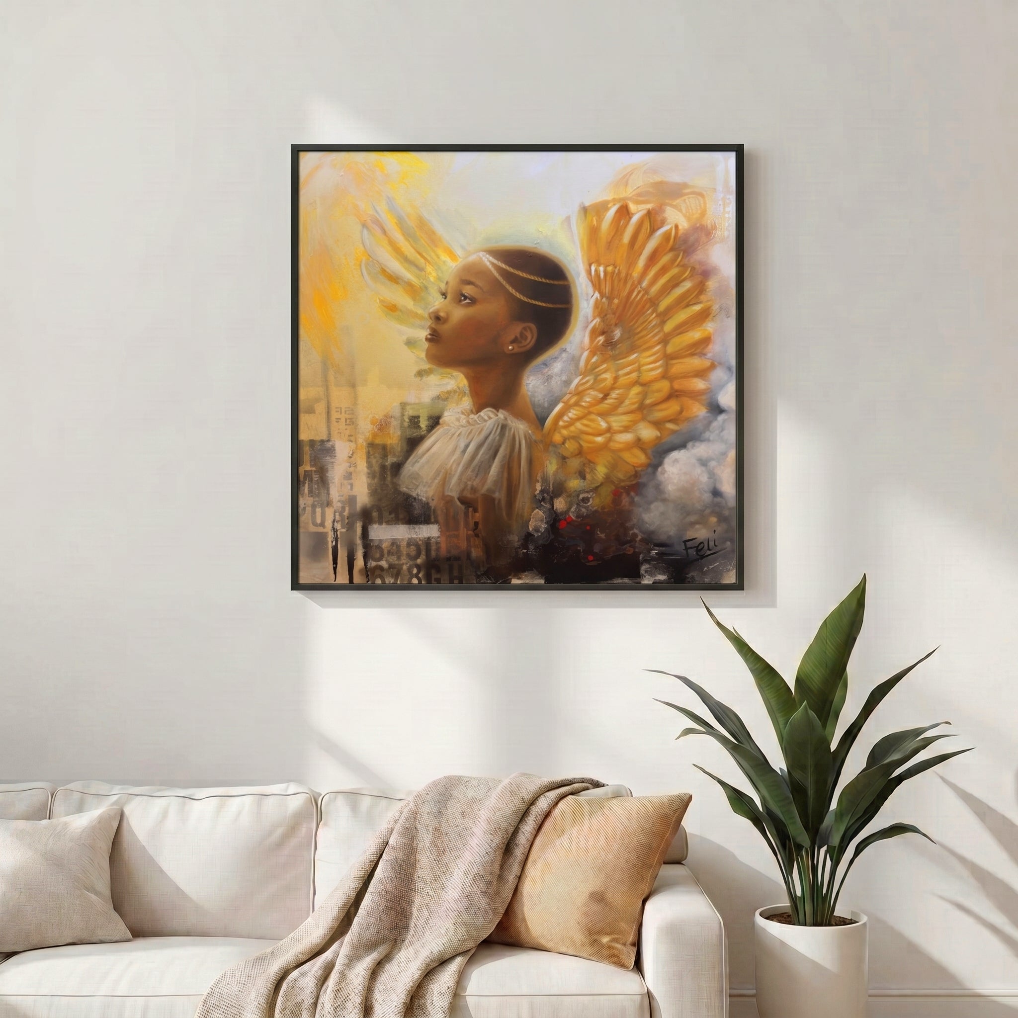 Rays of Hope by feli the artist A framed art print hang on a livingroom wall of a young black african child with large golden angel wings, against a soft cream and gray background with collage-like city elements and smoke.

