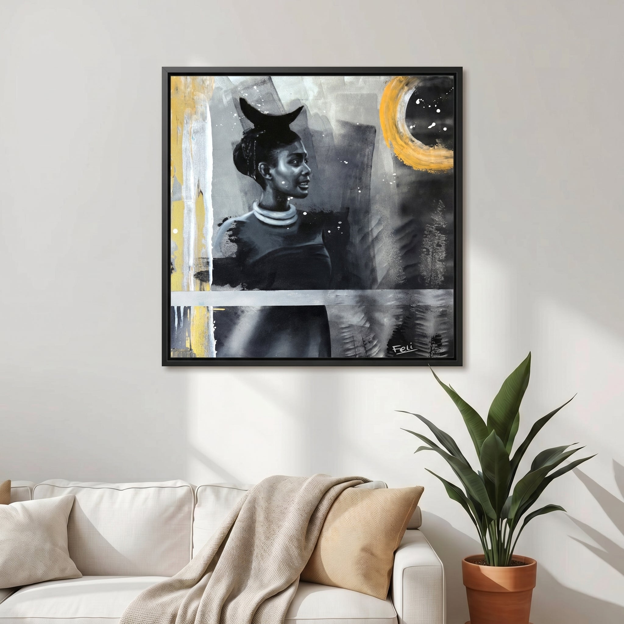 My Footsteps by Feli the artist a framed Abstract realism portrait art print of an african indian woman rendered in grayscale with bold yellow gold brushstrokes and textured splatter details hang on livingroom wall.
