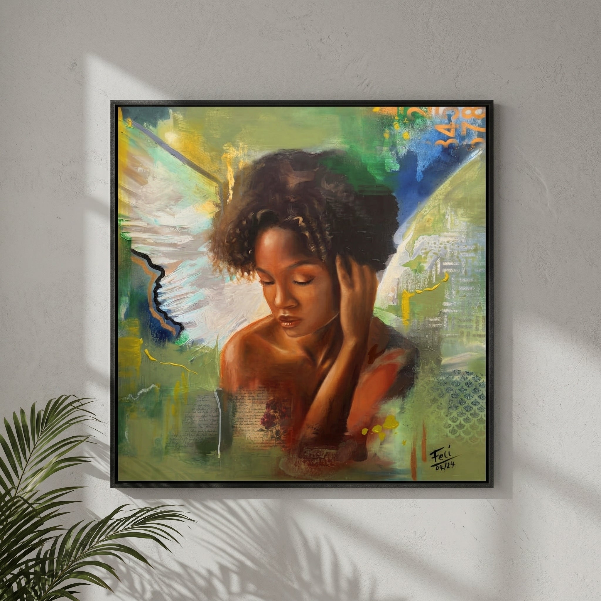 My peace by feli the artist An expressive abstract realism framed art print of a Black mixed race woman angel wings with closed eyes, rendered in warm brown and orange tones against a textured green, blue, and yellow background with abstract brushstrokes hang on white wall.