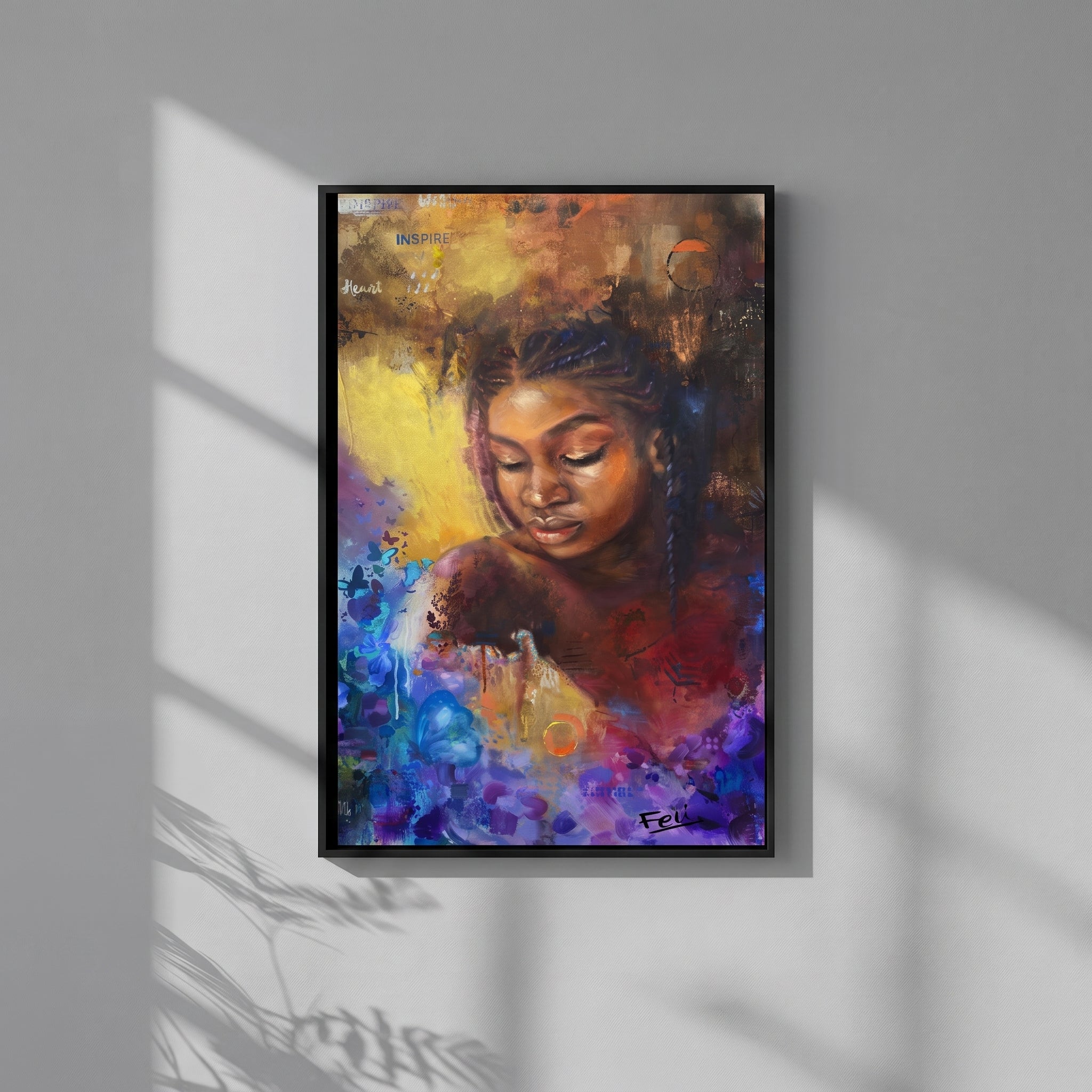 As She Blooms by Feli the Artist, framed  floral abstract realism art print of a young Black African woman with braided hair, featuring expressive brushstrokes, floral elements, and warm brown, gold, red, and blue tones displayed on a white wall.