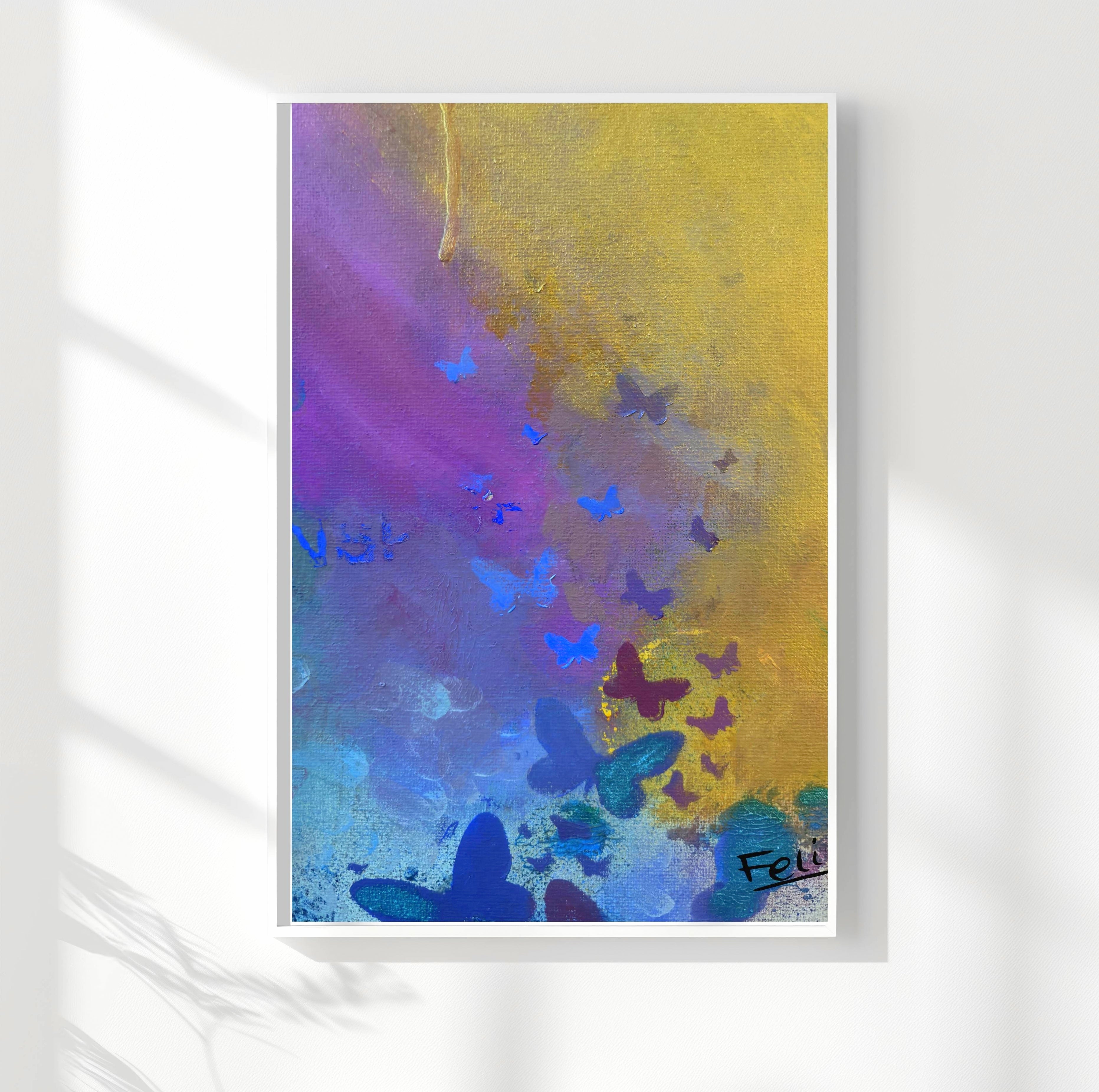 Letting go by Feli the Artist, Abstract colorful framed art print featuring a gradient of yellow, purple, blue, and teal with scattered butterfly silhouettes hanging on white wall.
