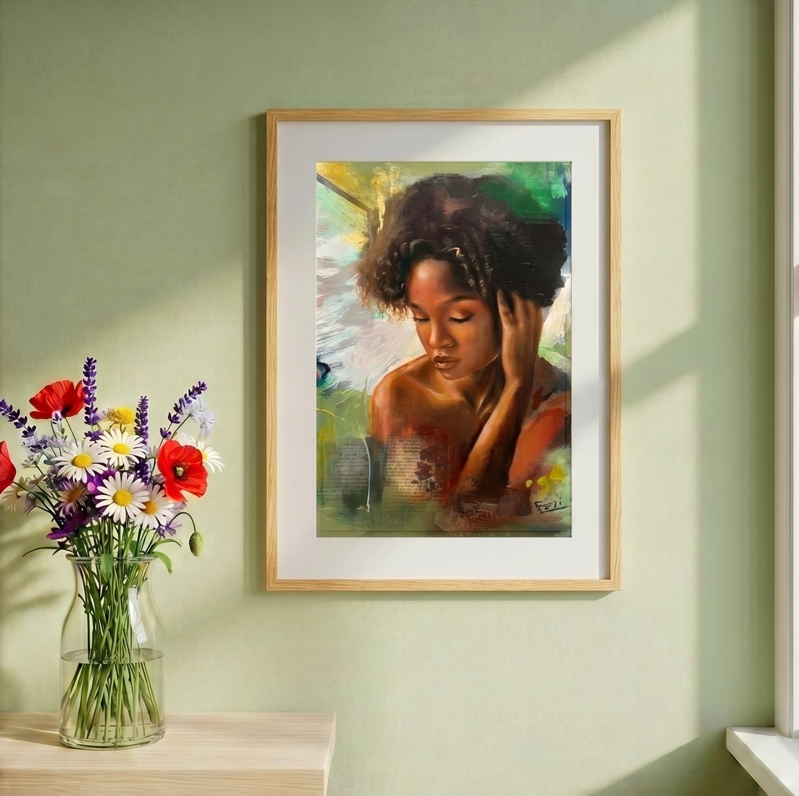 my peace is A framed art print displayed in a natural wood frame depicting a black african mixed woman with dark curly hair, displayed on a light green wall above a wooden table with a vase of colorful wildflowers.

