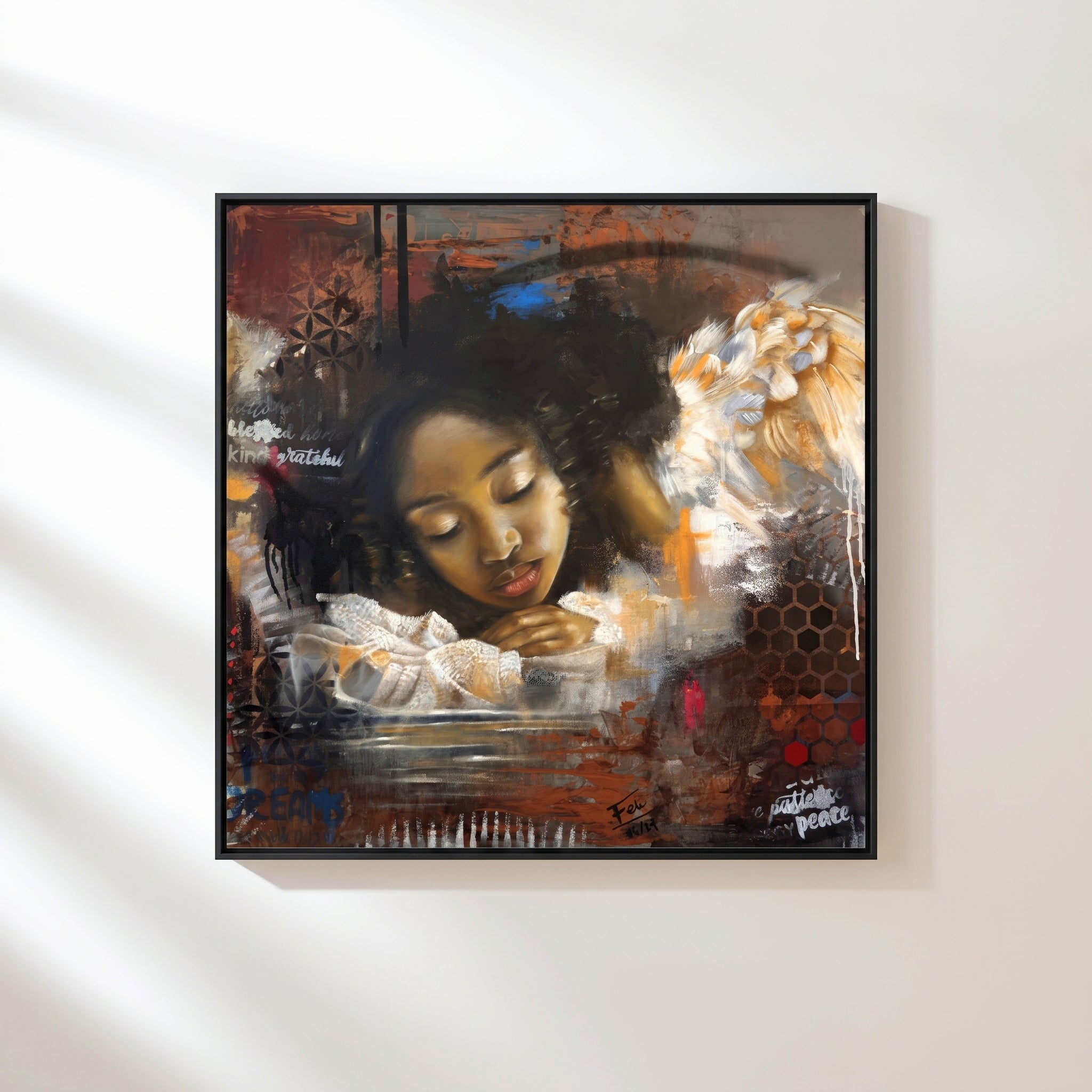 Reflections by feli the artist An expressive abstract realism framed art print hang on a white wall of a young black african child with closed eyes resting on a water surface, with a large angelic figure and white wings beside them. The artwork uses dark brown, black, white, orange, and red tones with layered brushstrokes and text elements.
